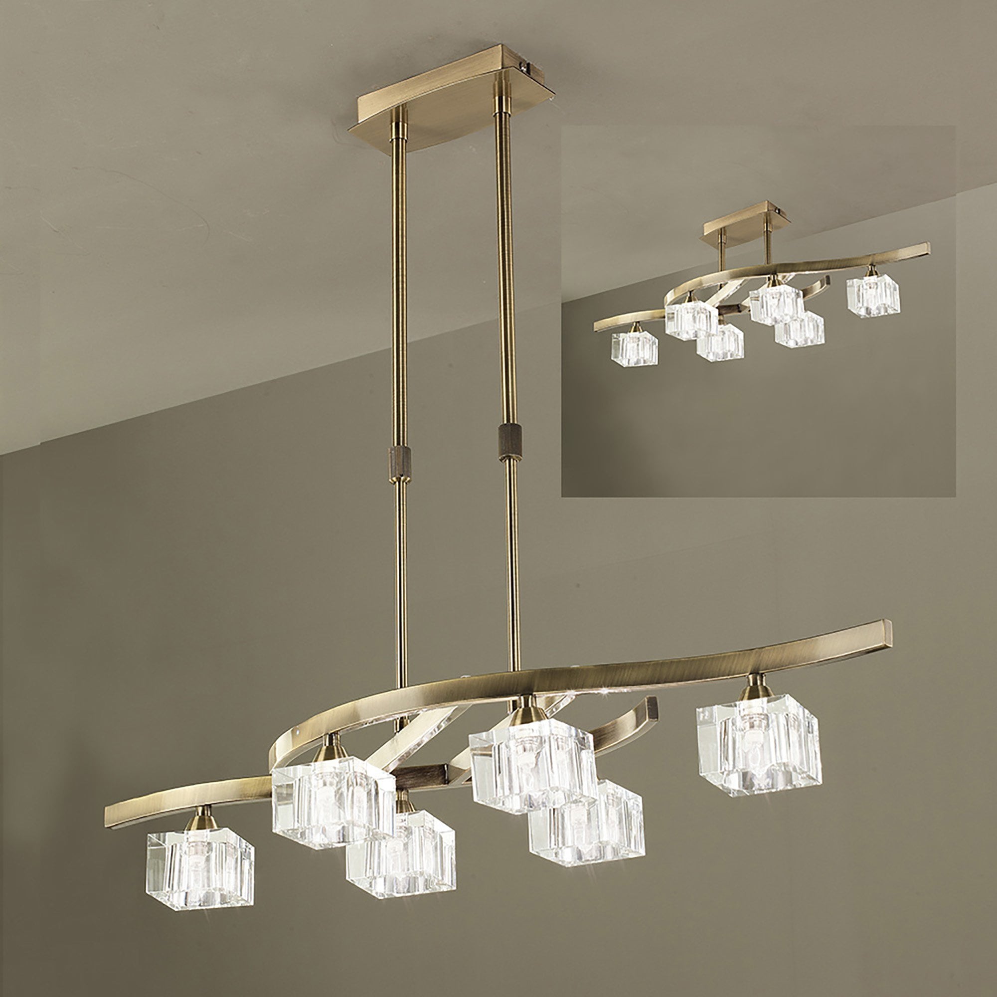 M2357AB Cuadrax Rectangular Telescopic Semi Flush 6 Light G9 Antique Brass