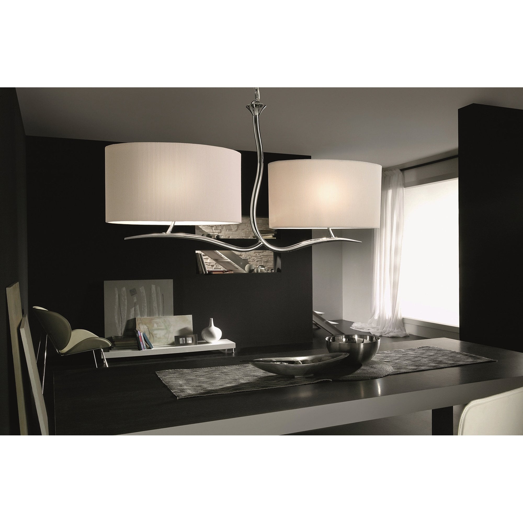 M1130 Eve Linear Pendant 2 Arm 4 Light E27 Polished Chrome White Oval Shades