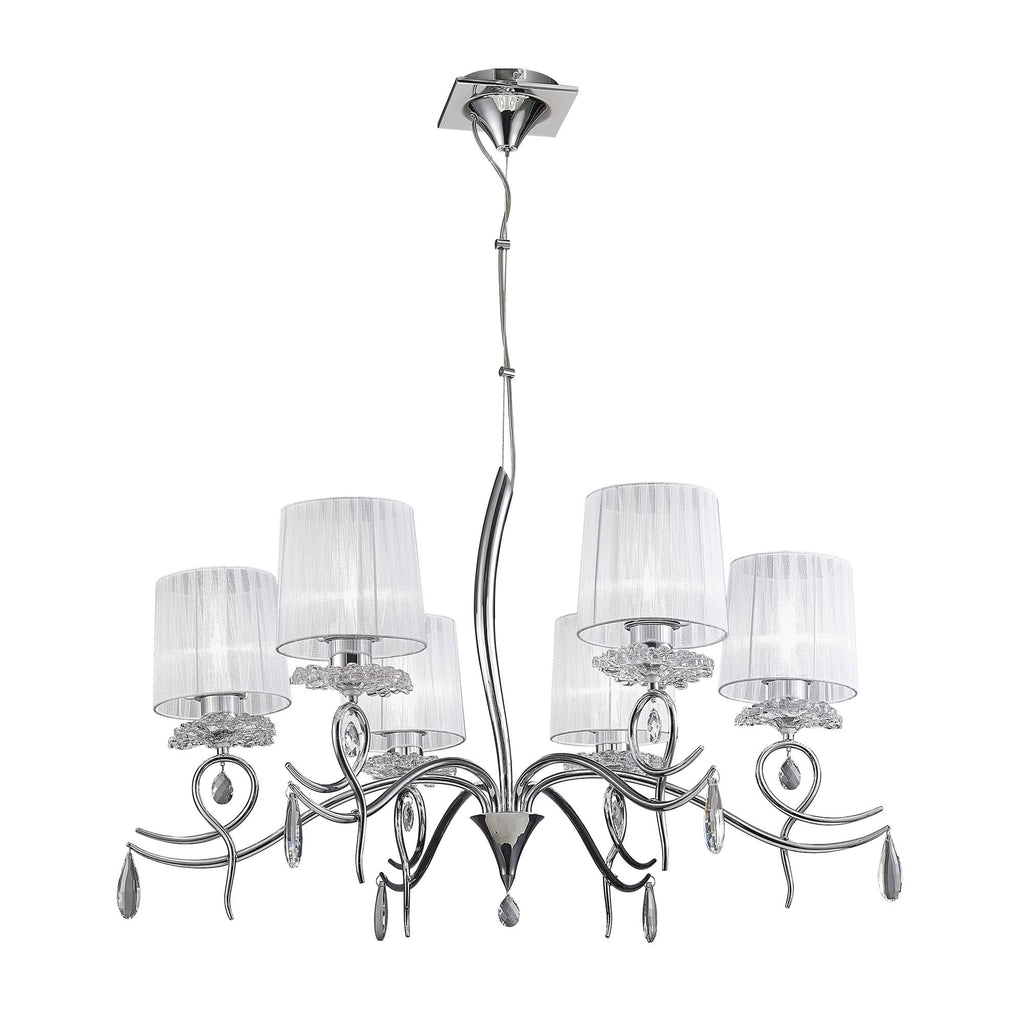 M5270 Louise Pendant 6 Light E27 White Shades Polished Chrome / Clear Crystal