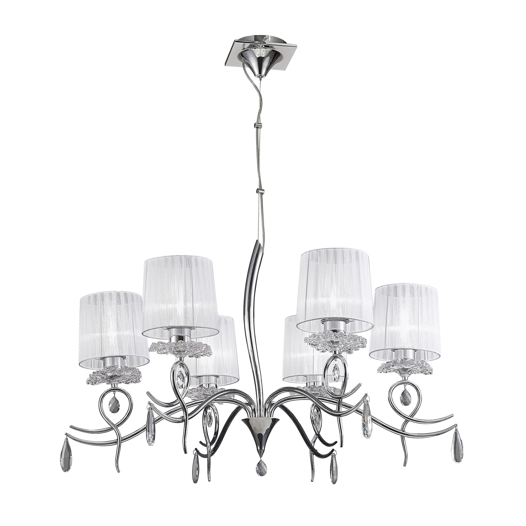 M5270 Louise Pendant 6 Light E27 White Shades Polished Chrome / Clear Crystal