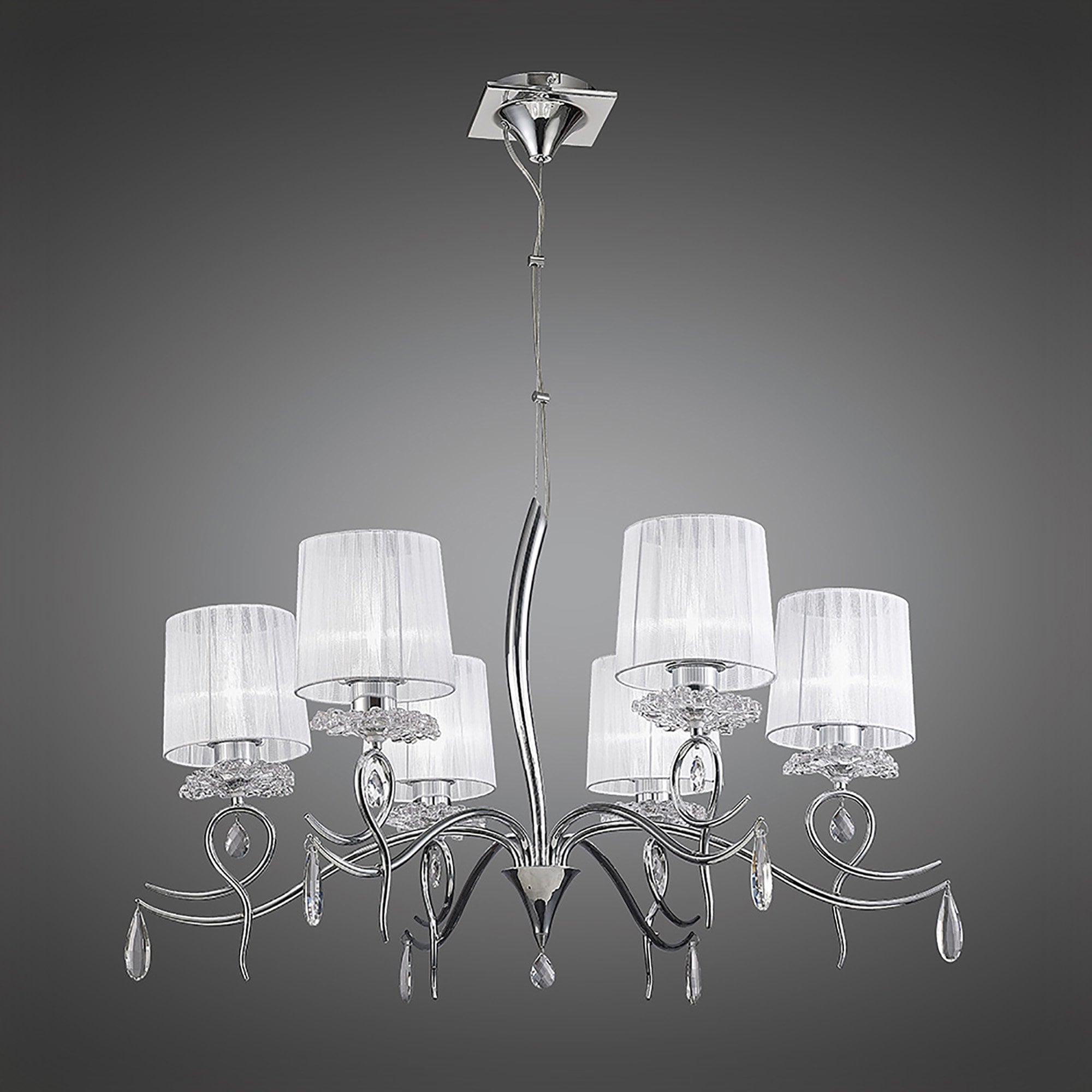 M5270 Louise Pendant 6 Light E27 White Shades Polished Chrome / Clear Crystal
