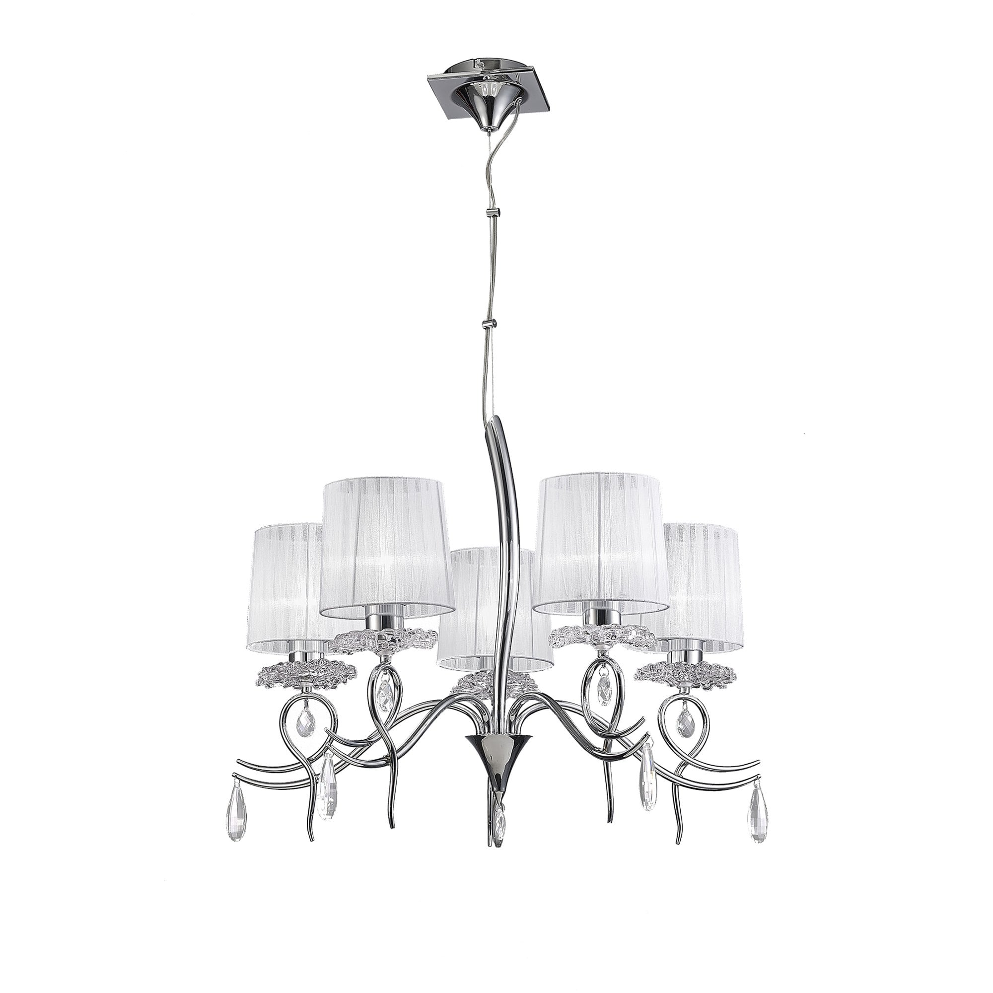 M5271 Louise Pendant 5 Light E27 White Shades Polished Chrome / Clear Crystal