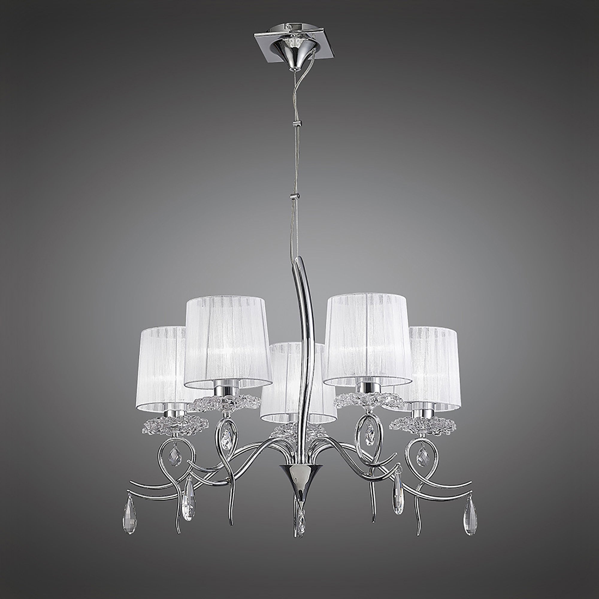 M5271 Louise Pendant 5 Light E27 White Shades Polished Chrome / Clear Crystal