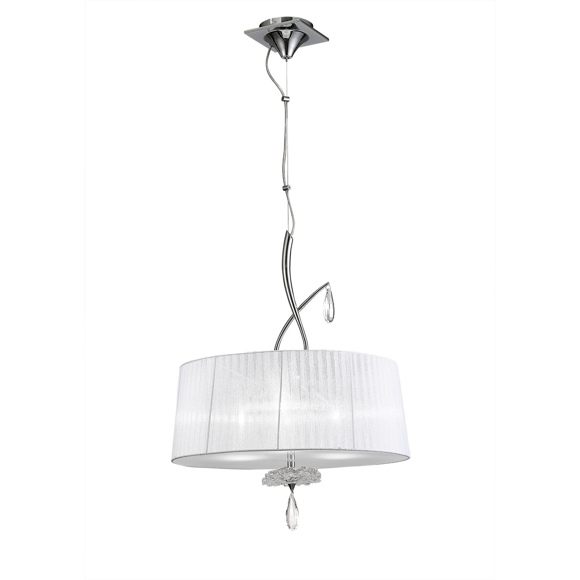 M5274 Louise Pendant 3 Light E27 Round White Shades Polished Chrome / Clear Crystal