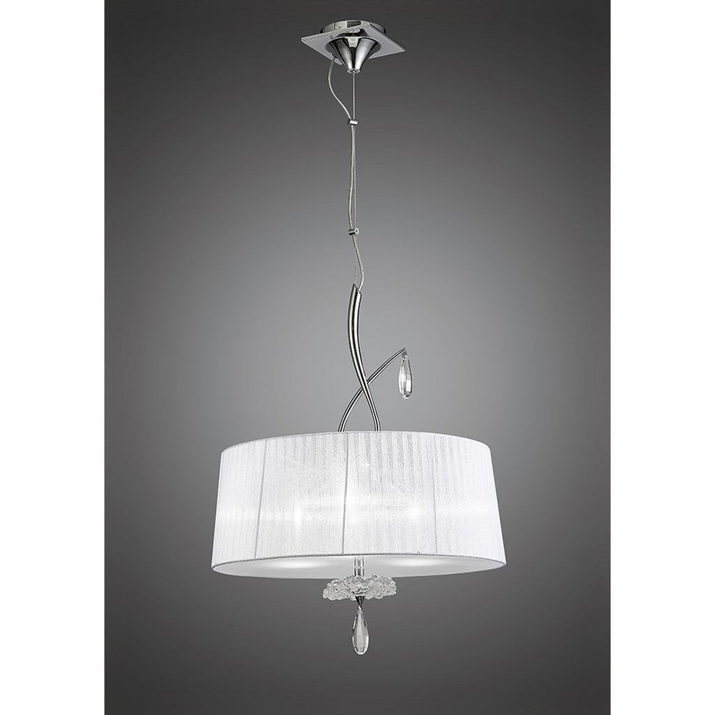 M5274 Louise Pendant 3 Light E27 Round White Shades Polished Chrome / Clear Crystal