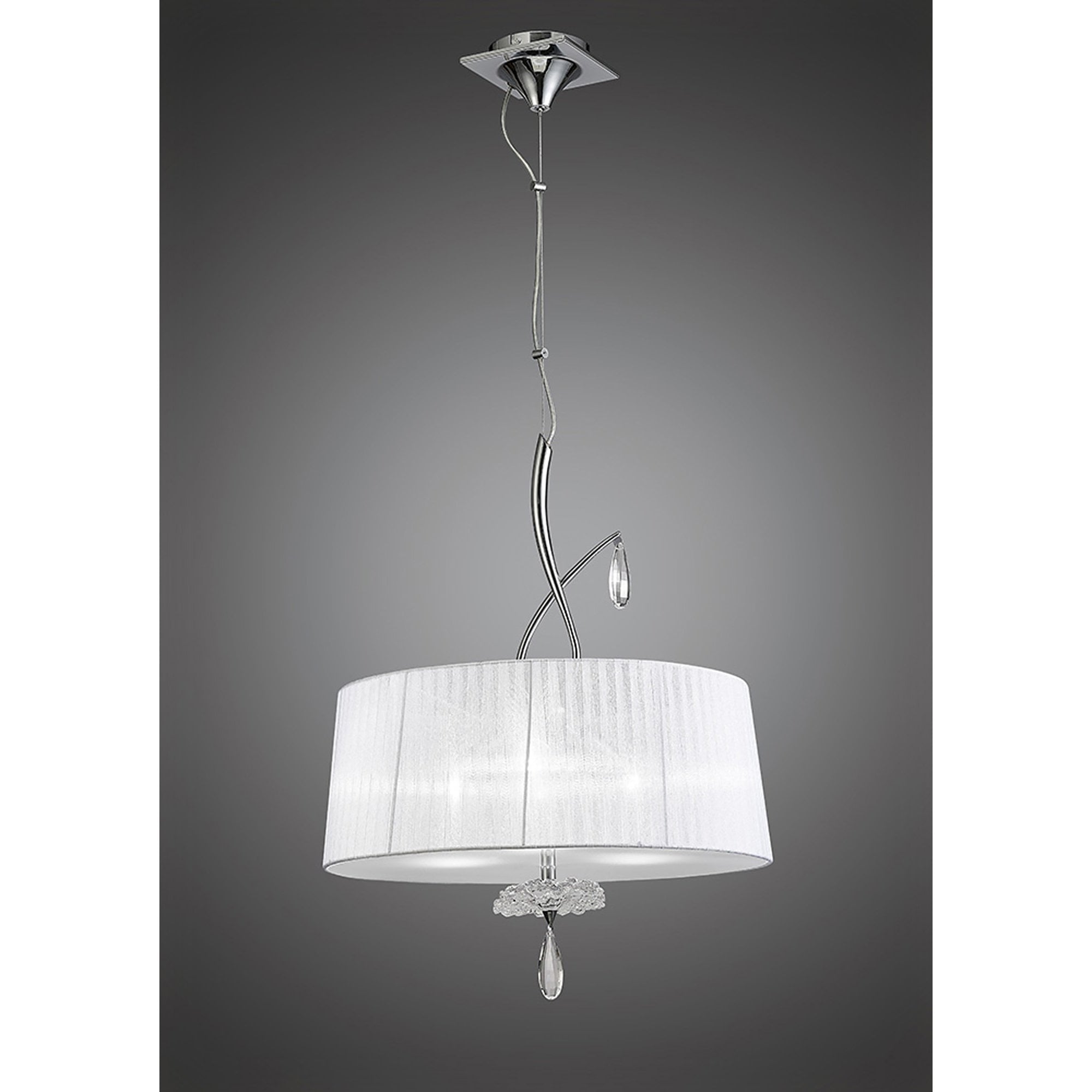 M5274 Louise Pendant 3 Light E27 Round White Shades Polished Chrome / Clear Crystal