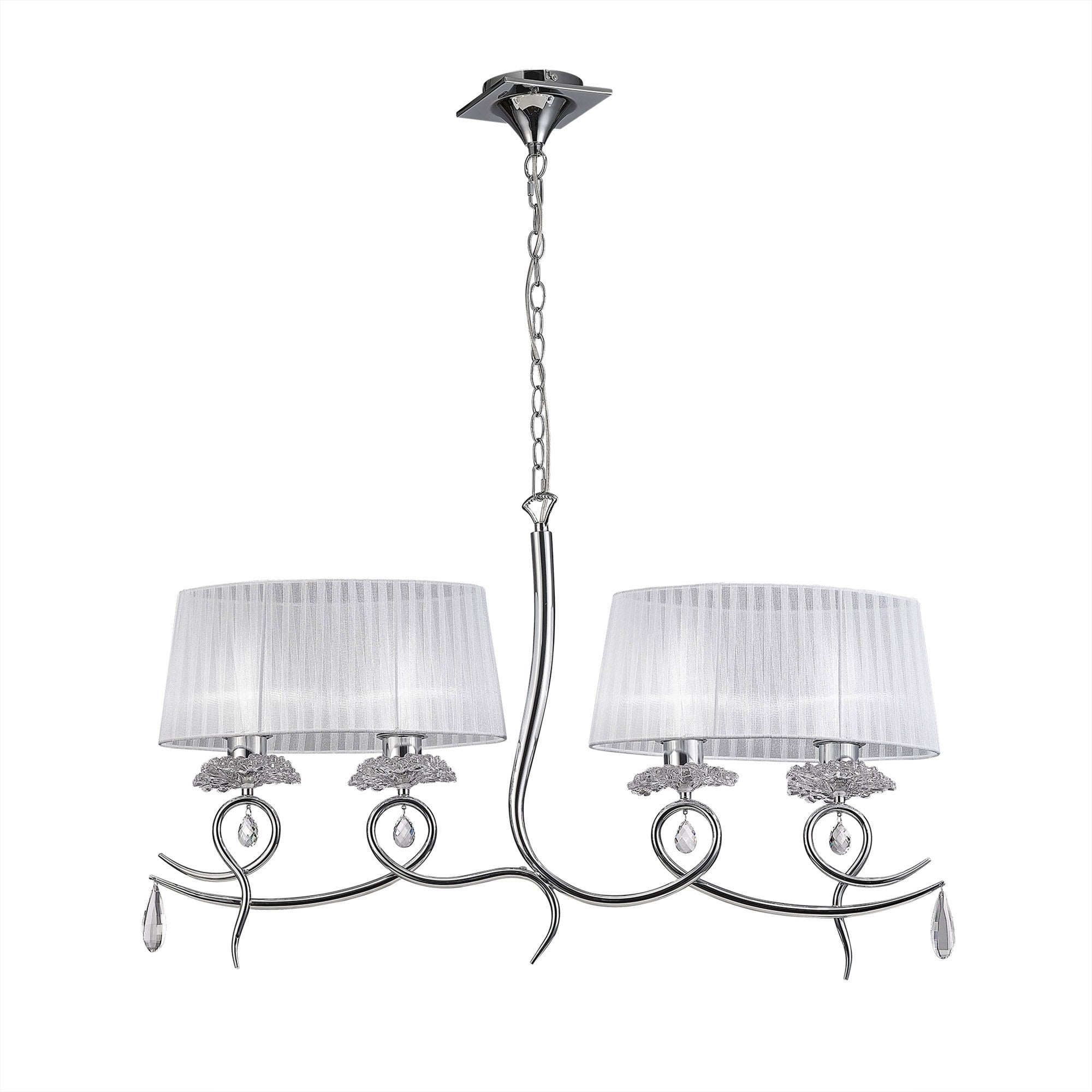 M5272 Louise Linear Pendant 2 Arm 4 Light E27 White Oval Shades Polished Chrome / Clear Crystal