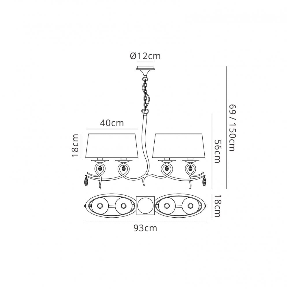 M5272 Louise Linear Pendant 2 Arm 4 Light E27 White Oval Shades Polished Chrome / Clear Crystal