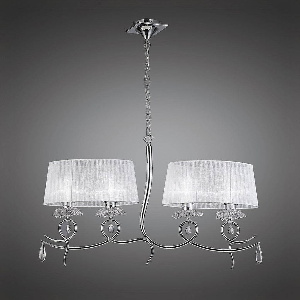 M5272 Louise Linear Pendant 2 Arm 4 Light E27 White Oval Shades Polished Chrome / Clear Crystal
