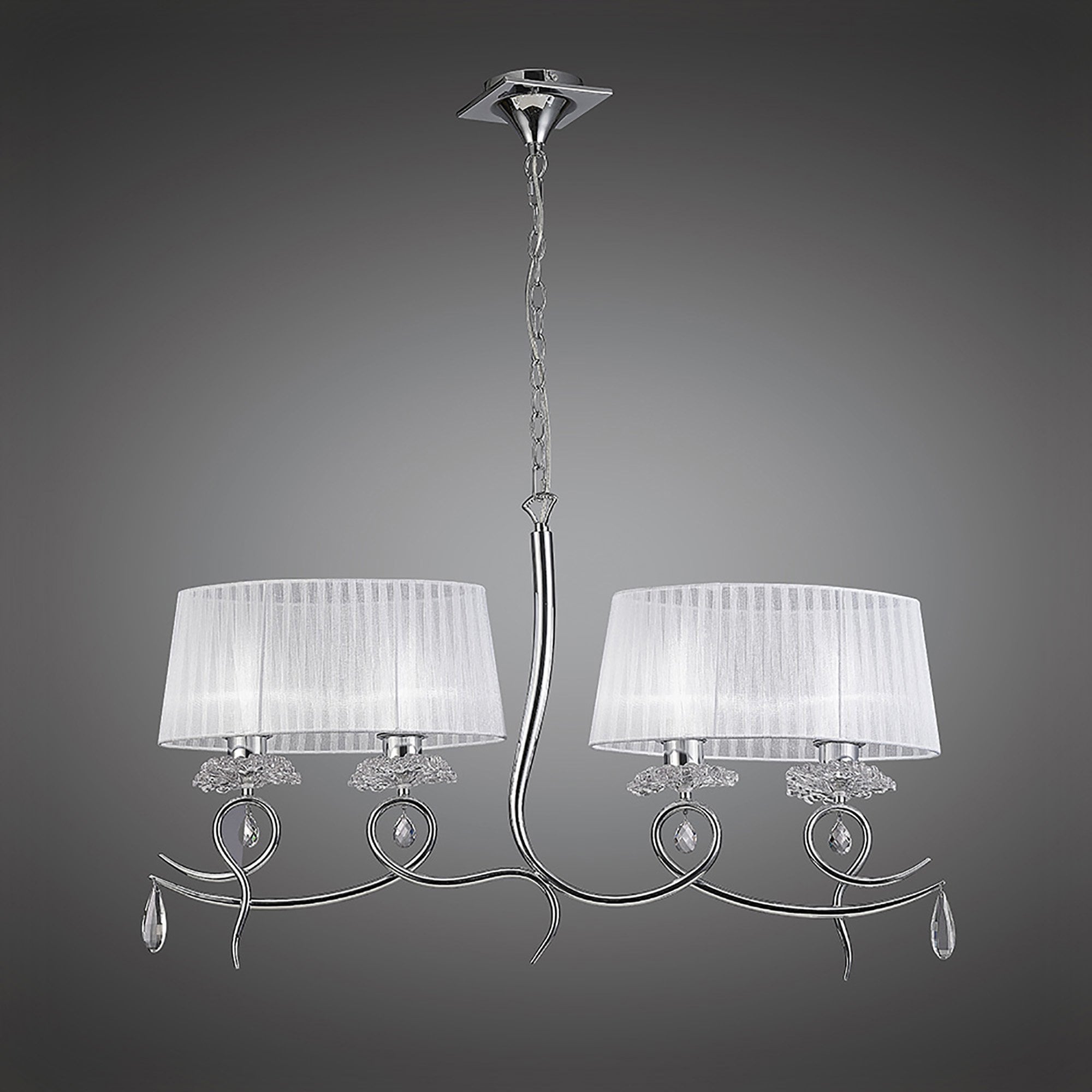 M5272 Louise Linear Pendant 2 Arm 4 Light E27 White Oval Shades Polished Chrome / Clear Crystal
