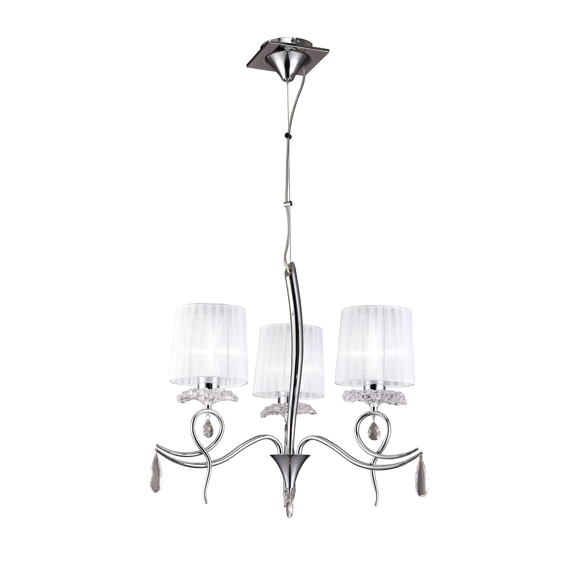 M5273 Louise Pendant 3 Light E27 White Shades Polished Chrome / Clear Crystal