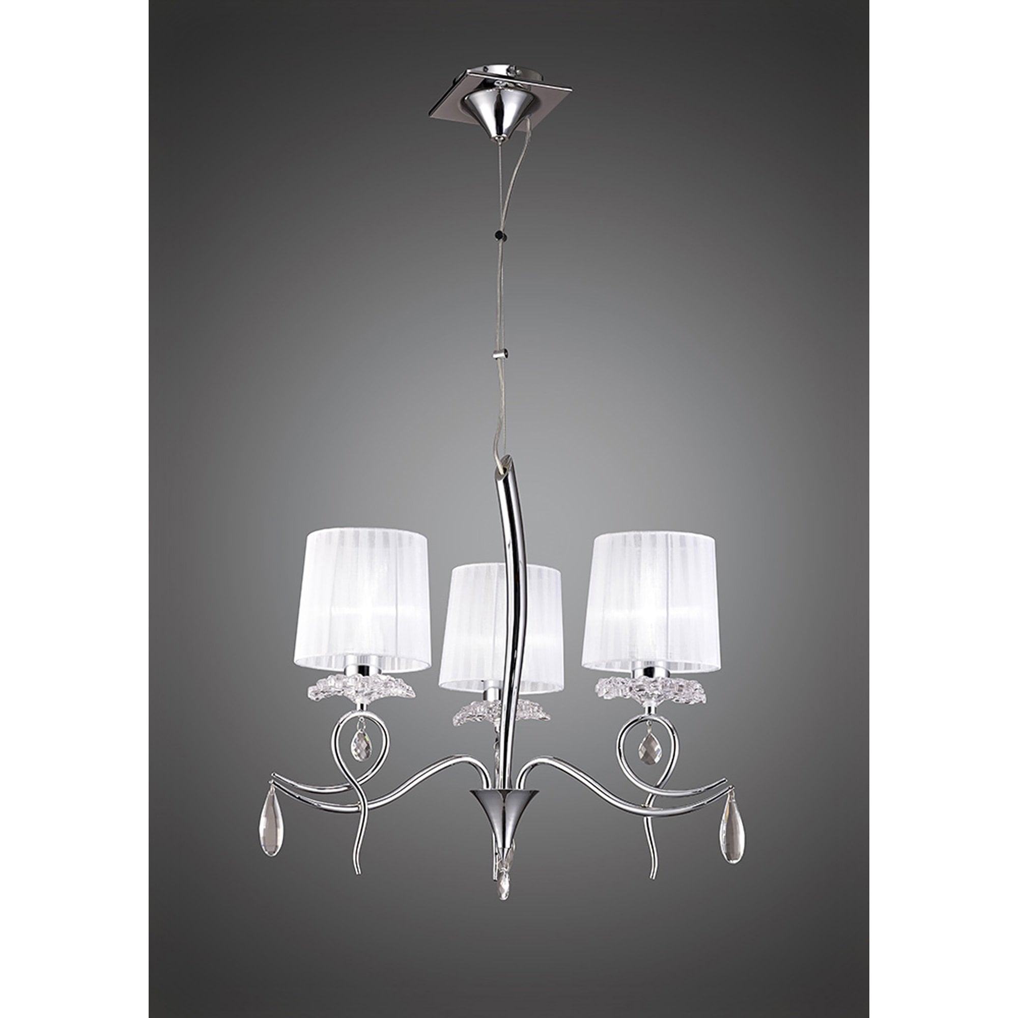 M5273 Louise Pendant 3 Light E27 White Shades Polished Chrome / Clear Crystal