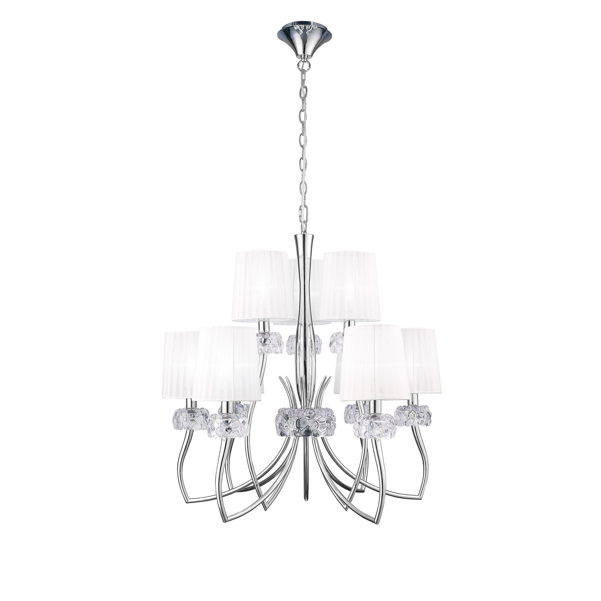 M4630 Loewe 2 Tier Pendant 6+3 Light E14 Polished Chrome White Shades