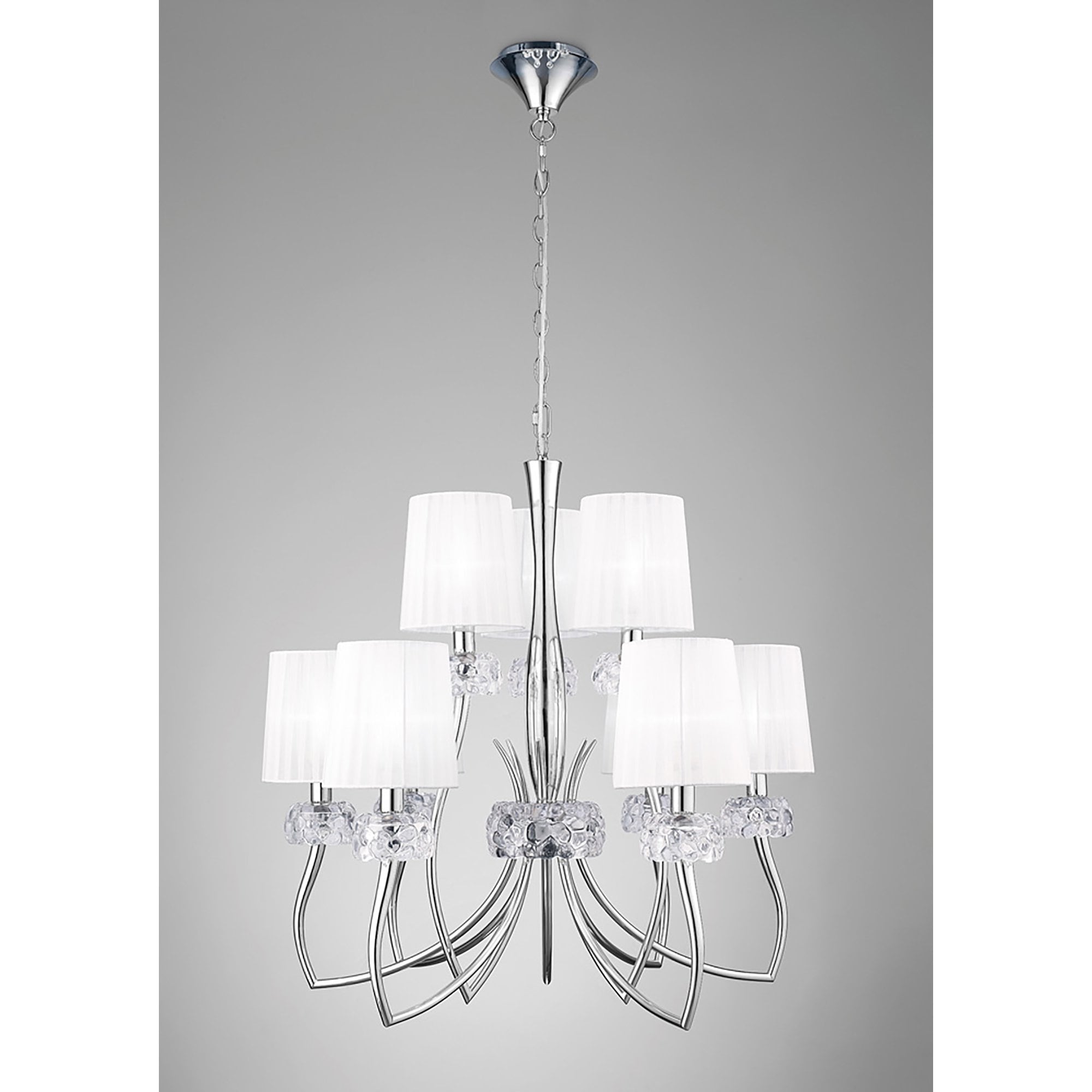M4630 Loewe 2 Tier Pendant 6+3 Light E14 Polished Chrome White Shades