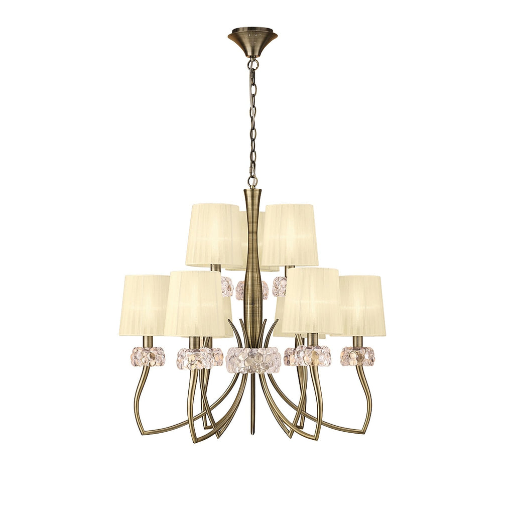 M4630AB Loewe 2 Tier Pendant 6+3 Light E14 Antique Brass Cream Shades