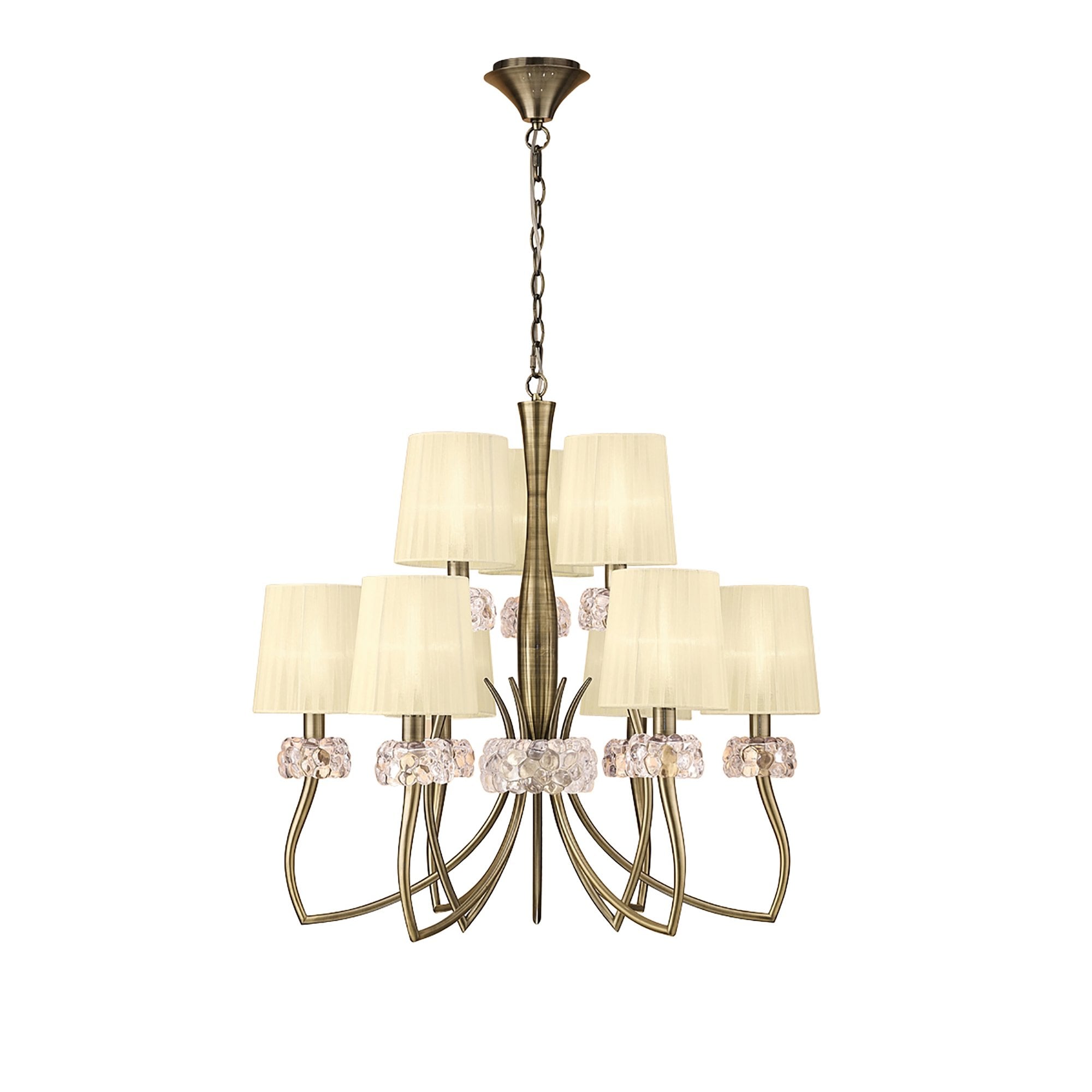 M4630AB Loewe 2 Tier Pendant 6+3 Light E14 Antique Brass Cream Shades
