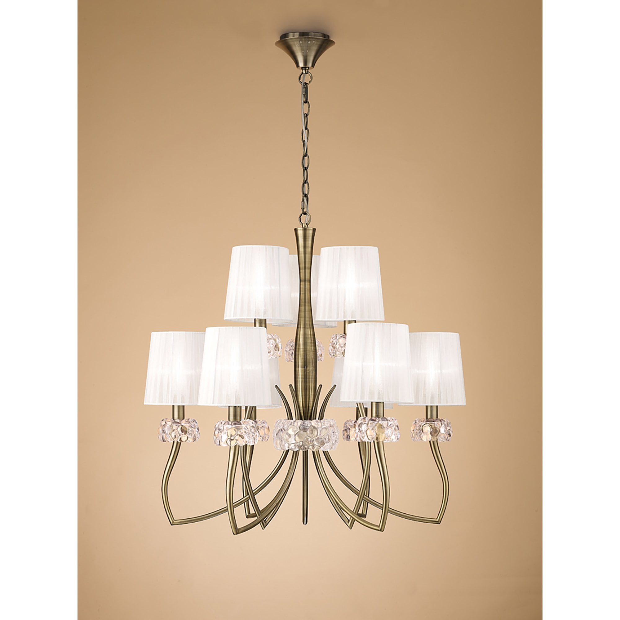 M4630AB/WS Loewe 2 Tier Pendant 6+3 Light E14 Antique Brass White Shades
