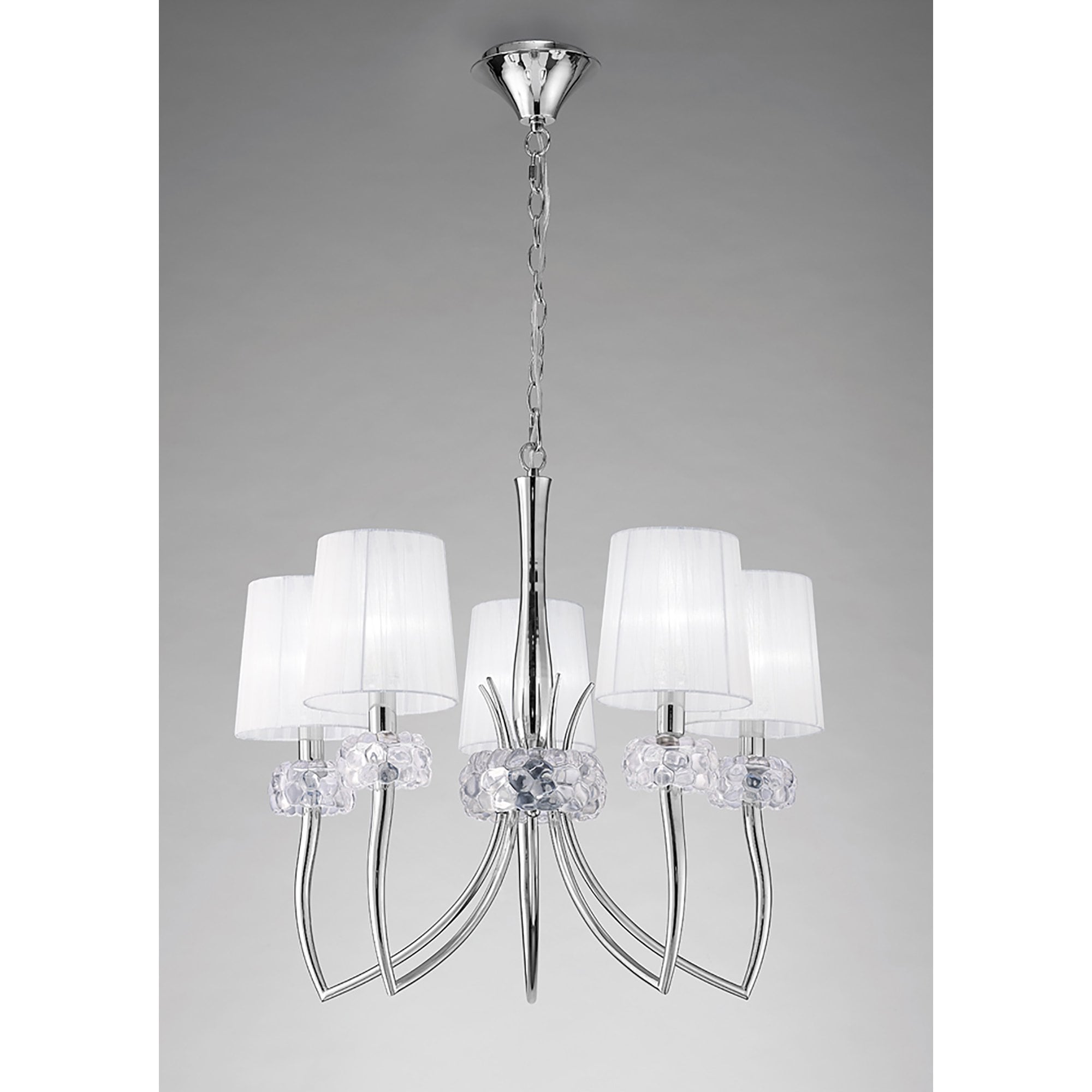 M4631 Loewe Pendant 5 Light E14 Polished Chrome White Shades