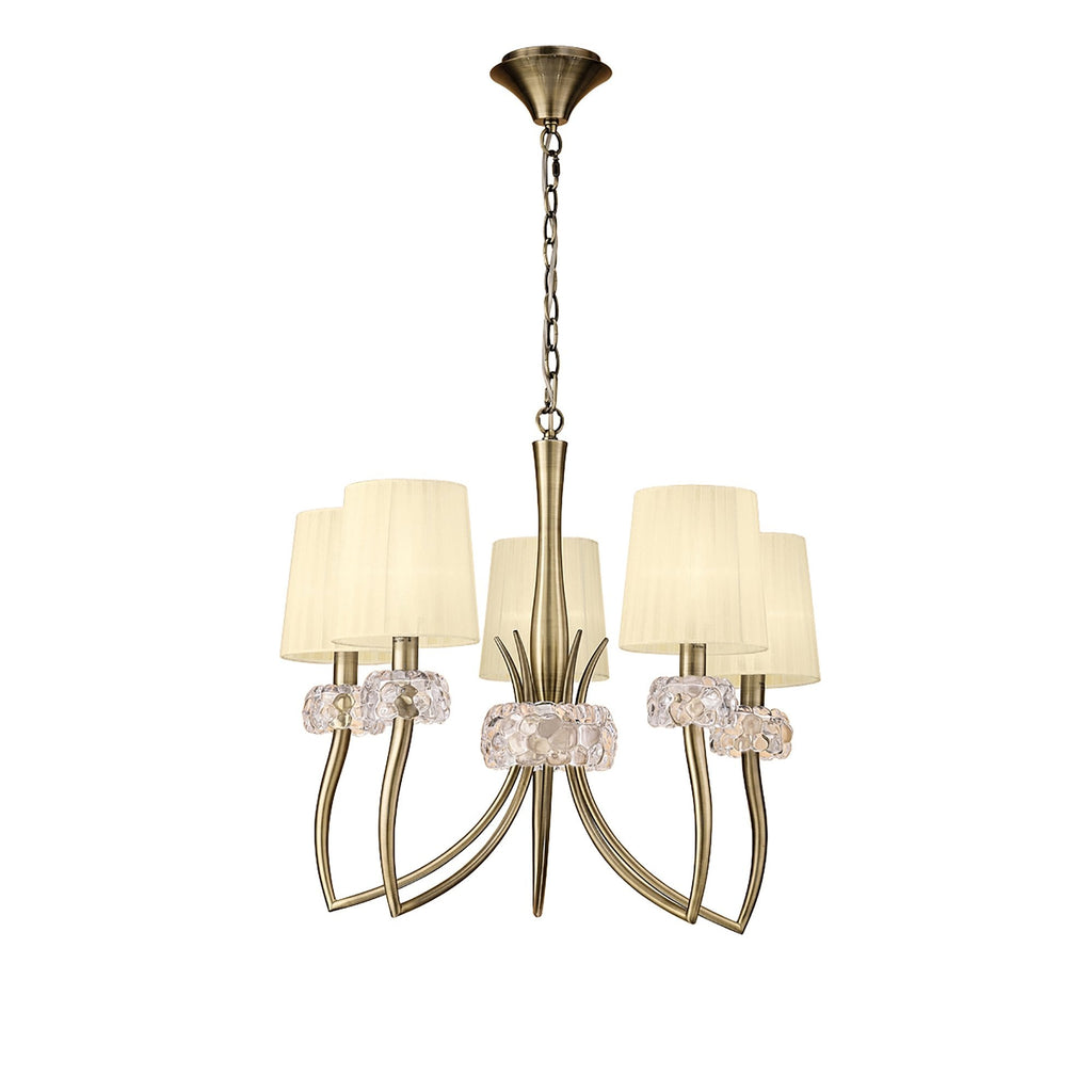 M4631AB Loewe Pendant 5 Light E14 Antique Brass Cream Shades