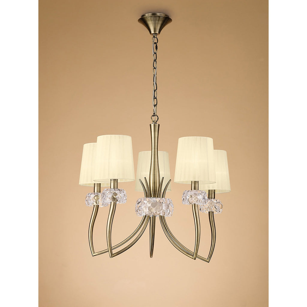 M4631AB Loewe Pendant 5 Light E14 Antique Brass Cream Shades