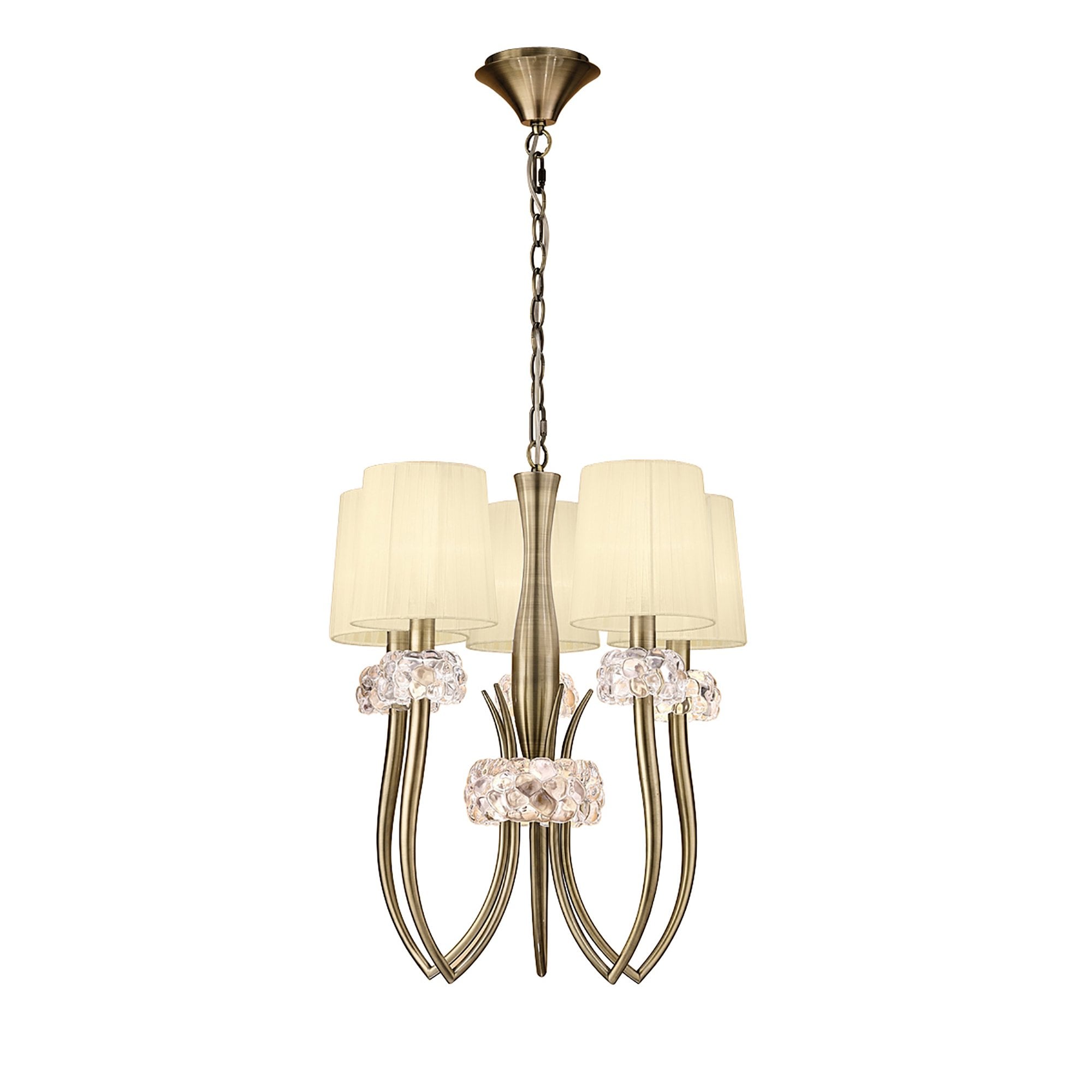 M4632AB Loewe Slim Pendant 5 Light E14 Antique Brass Cream Shades