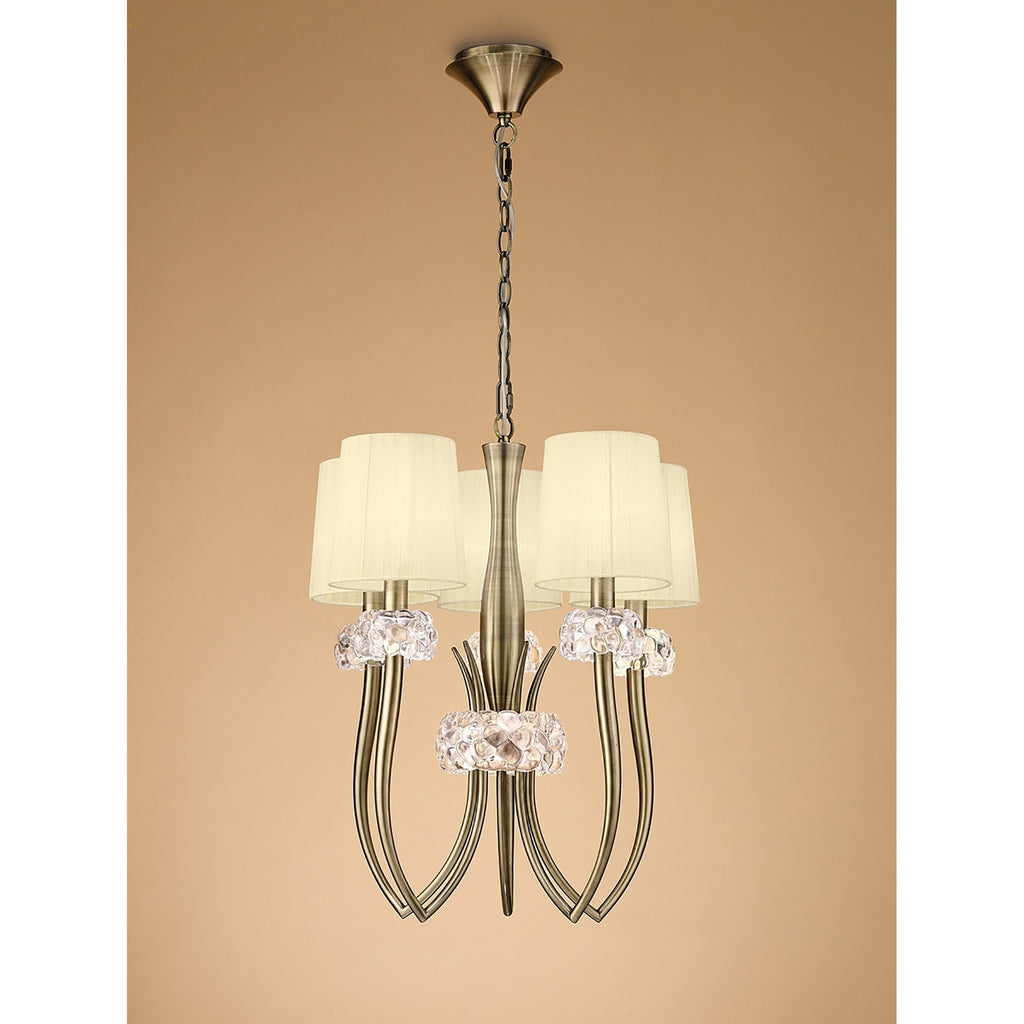M4632AB Loewe Slim Pendant 5 Light E14 Antique Brass Cream Shades