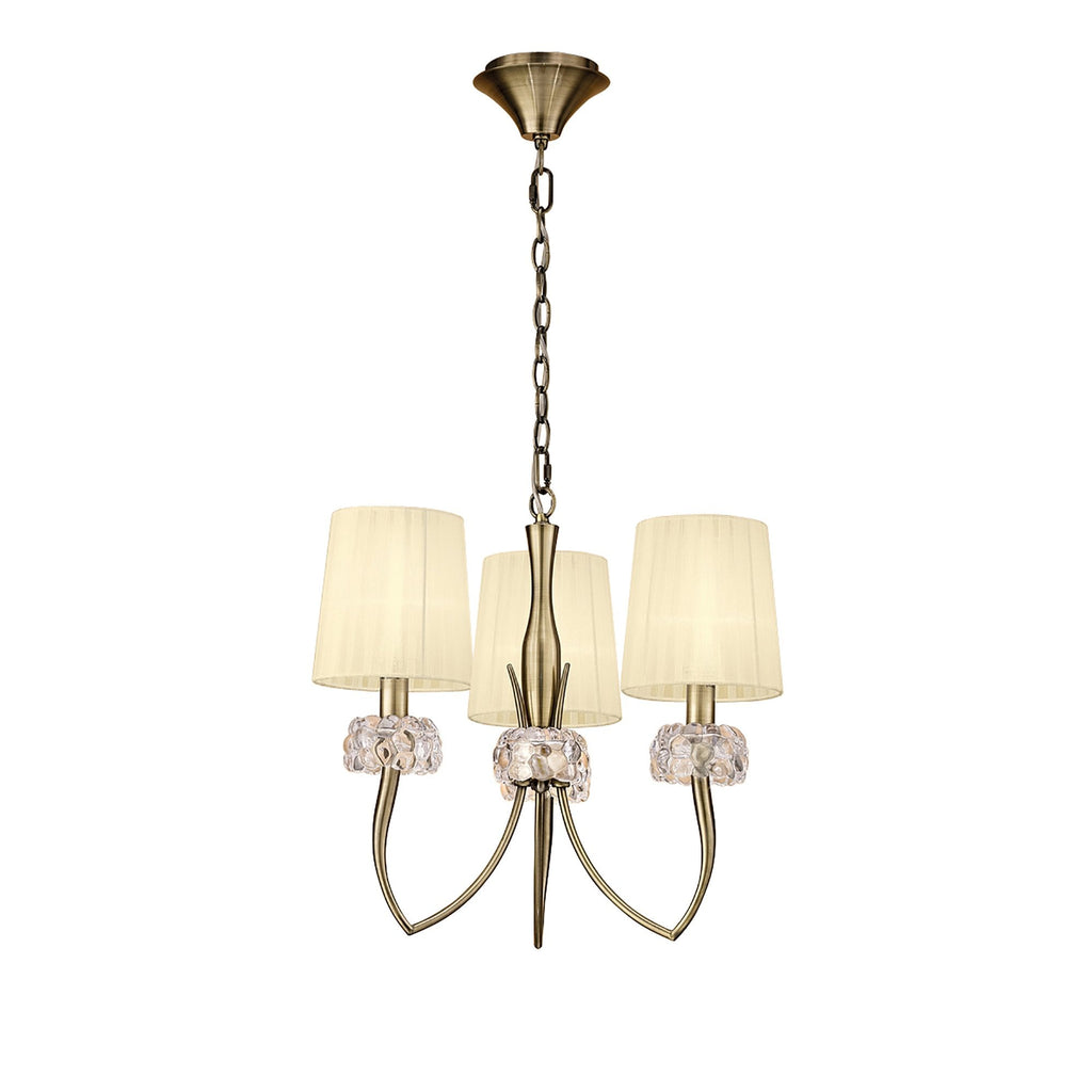M4633AB Loewe Pendant 3 Light E14 Antique Brass Cream Shades