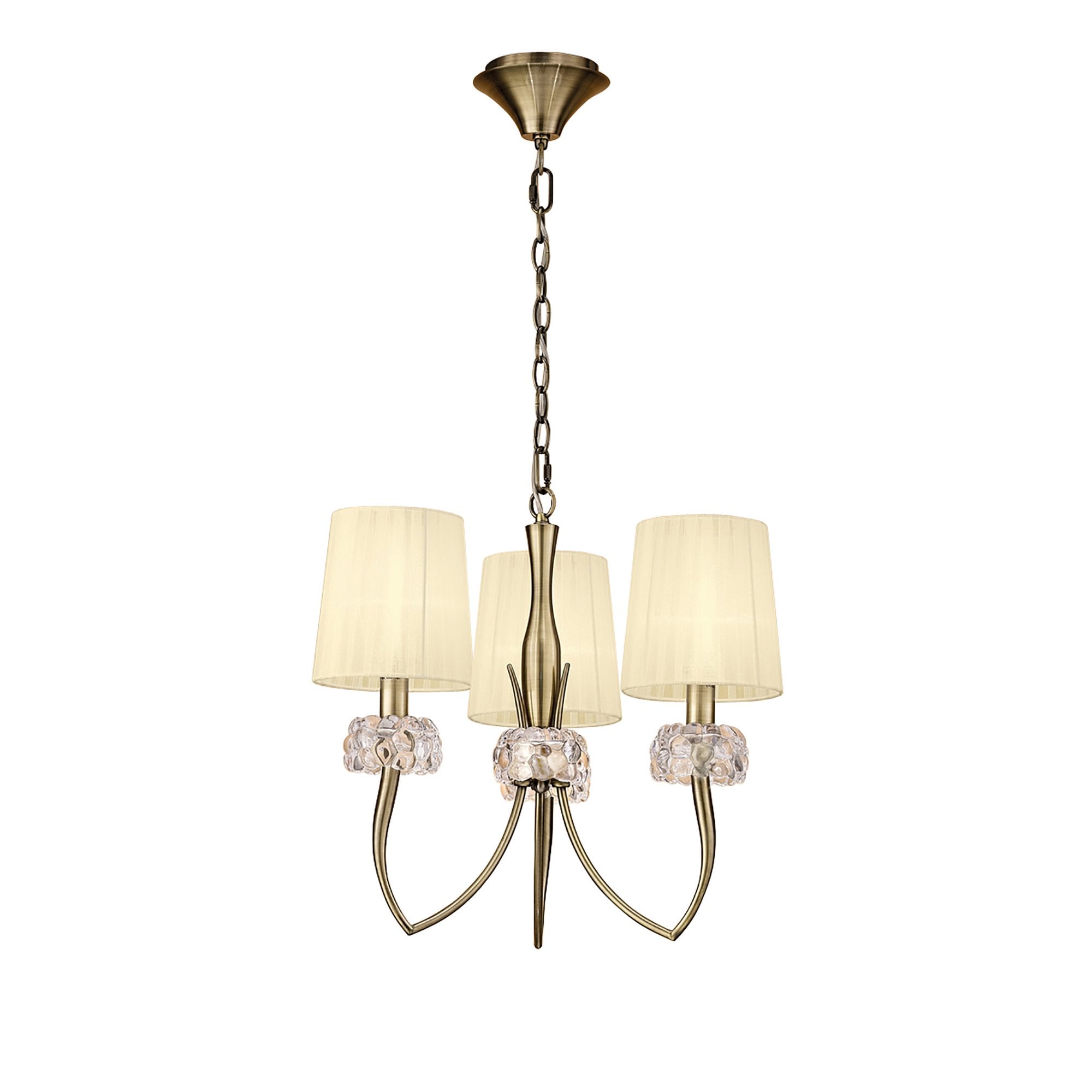 M4633AB Loewe Pendant 3 Light E14 Antique Brass Cream Shades