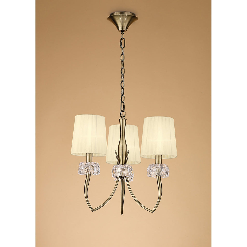 M4633AB Loewe Pendant 3 Light E14 Antique Brass Cream Shades