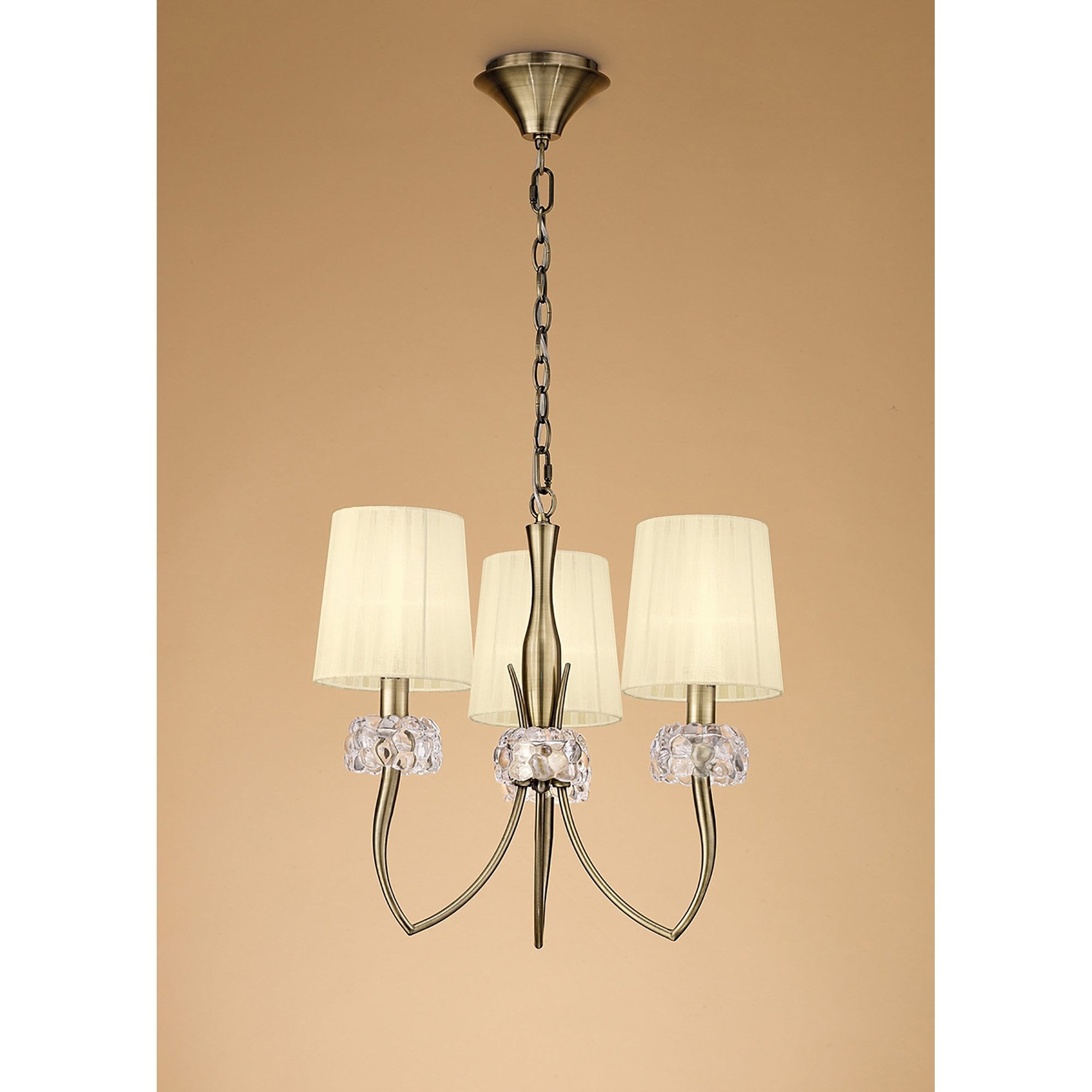 M4633AB Loewe Pendant 3 Light E14 Antique Brass Cream Shades