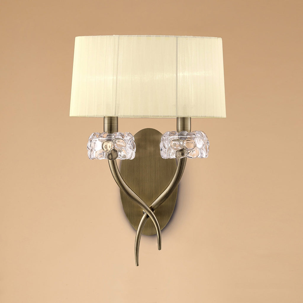 M4634AB/S Loewe Wall Lamp Switched 2 Light E14 Antique Brass Cream Shade
