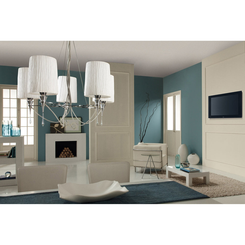 M1312 Lucca Pendant 4 Light E27 Polished Chrome White Shades & Clear Crystal