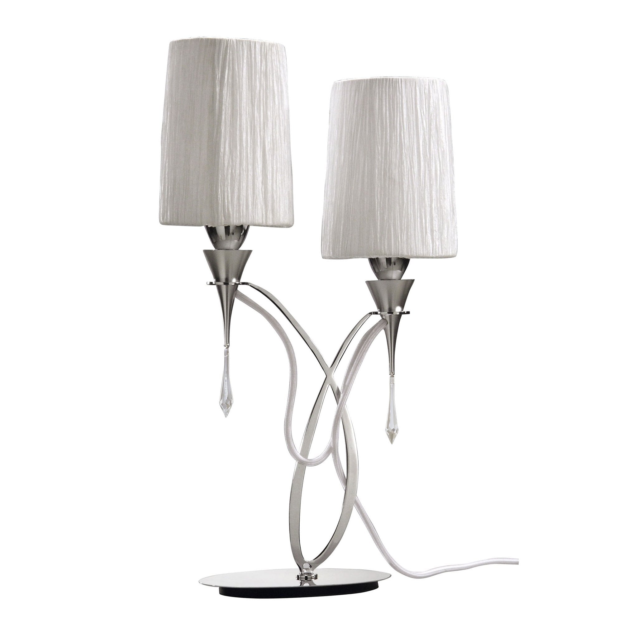 M1314 Lucca Table Lamp 2 Light E27 Polished Chrome White Shades & Clear Crystal
