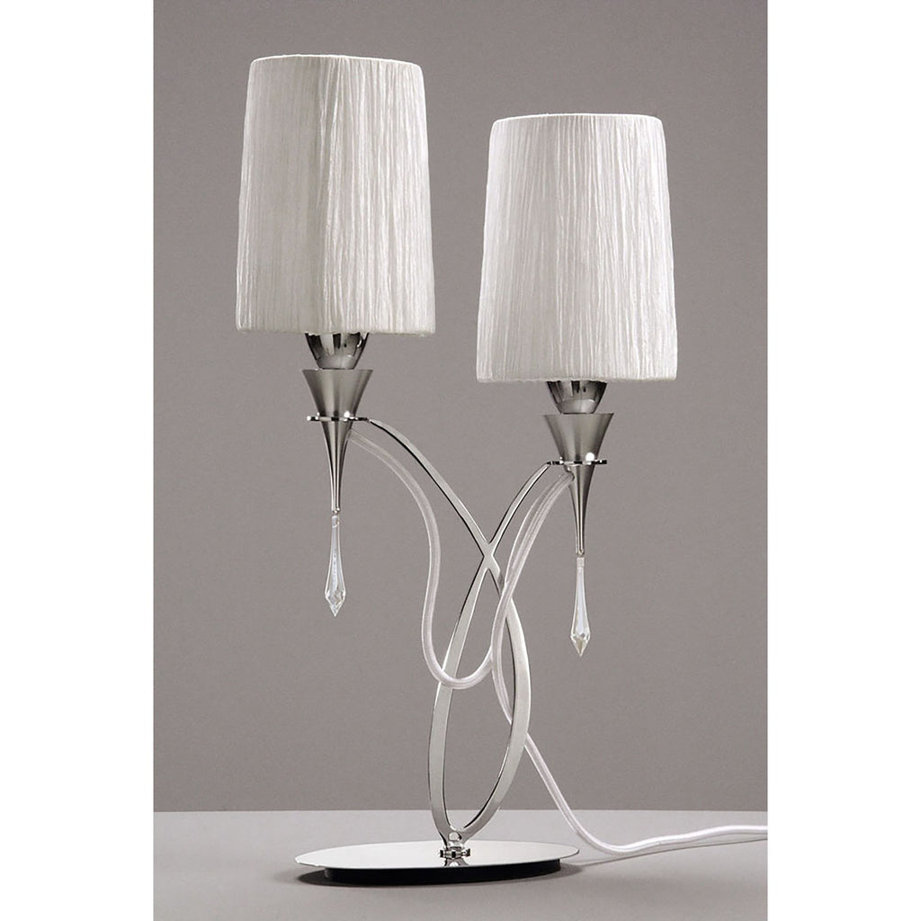 M1314 Lucca Table Lamp 2 Light E27 Polished Chrome White Shades & Clear Crystal