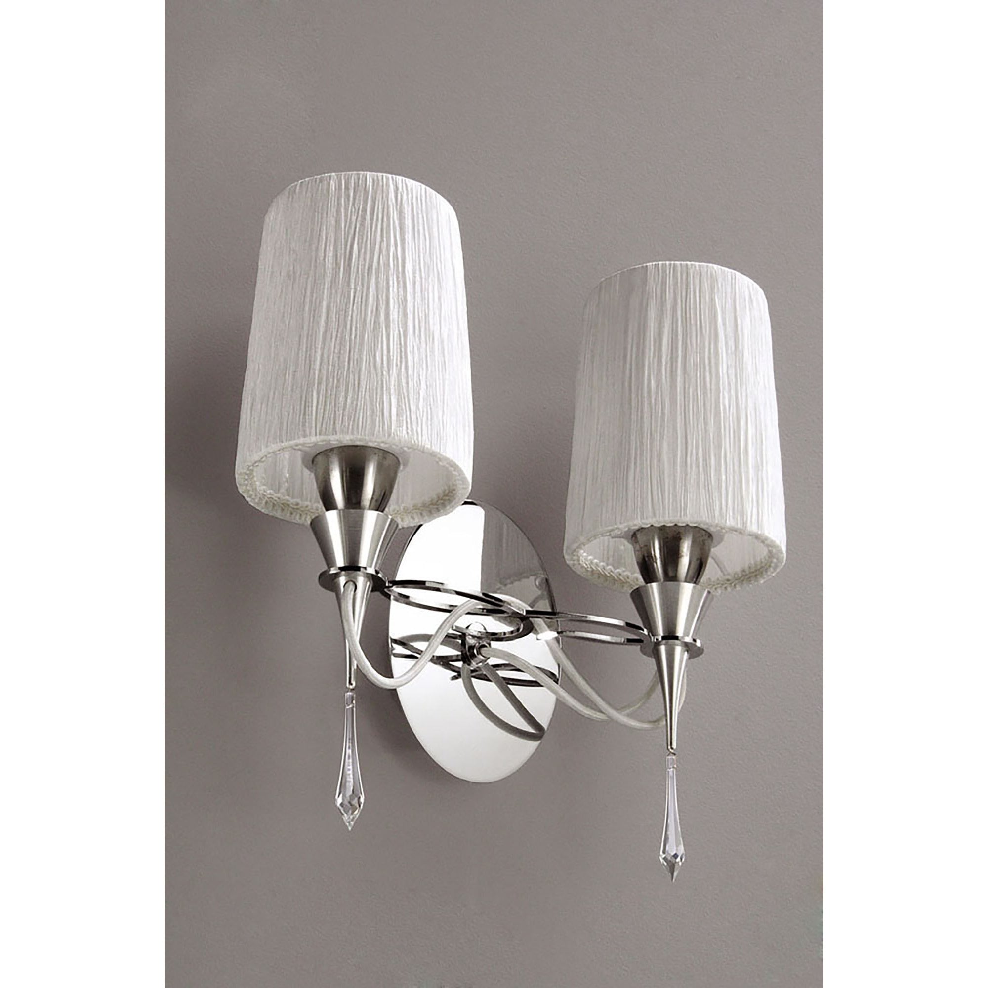 M1318/S Lucca Wall Lamp Switched 2 Light E27 Polished Chrome White Shades & Clear Crystal