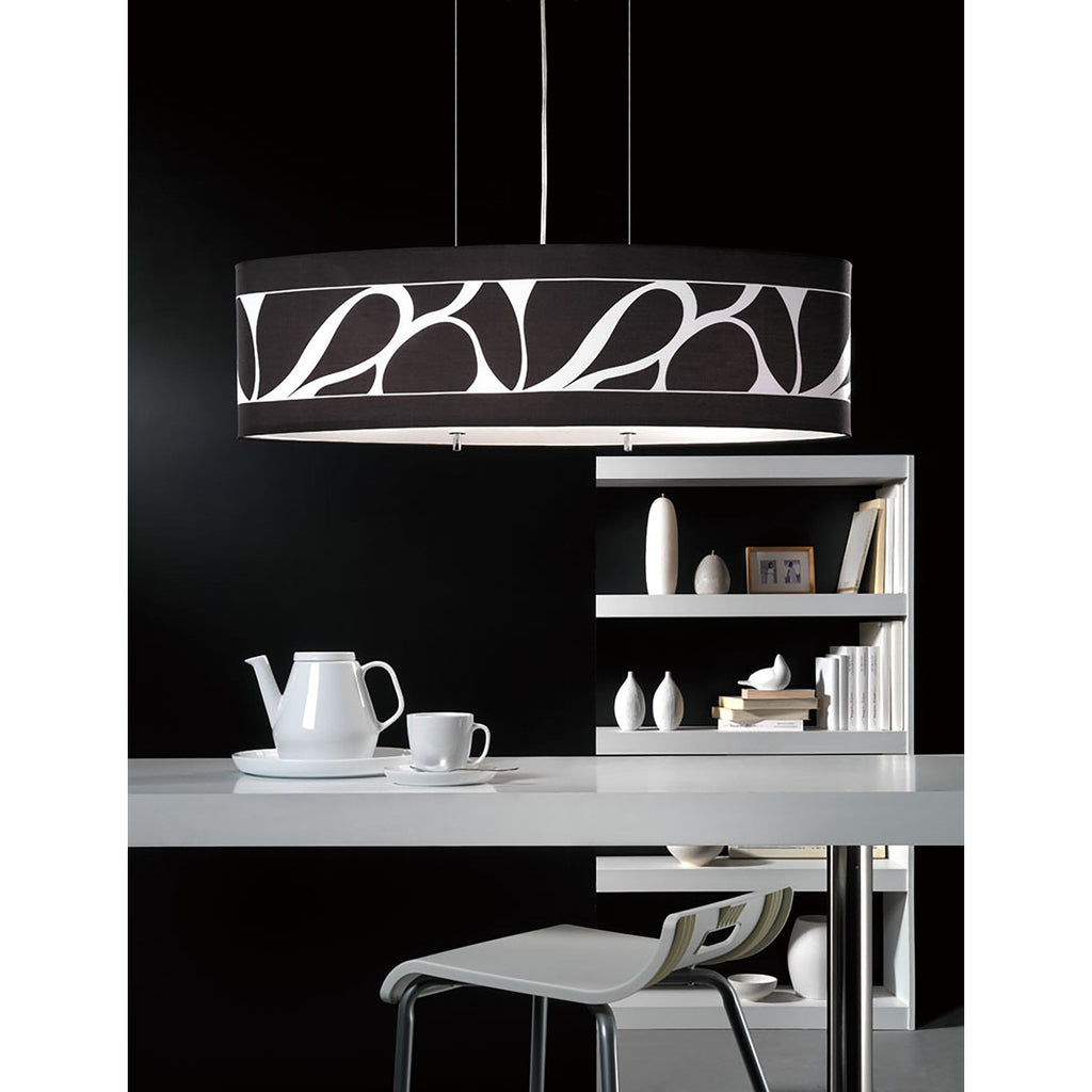 M8467/1 Manhattan Linear Pendant Large 3 Light Polished Chrome Frosted Glass Black Patterned Shade