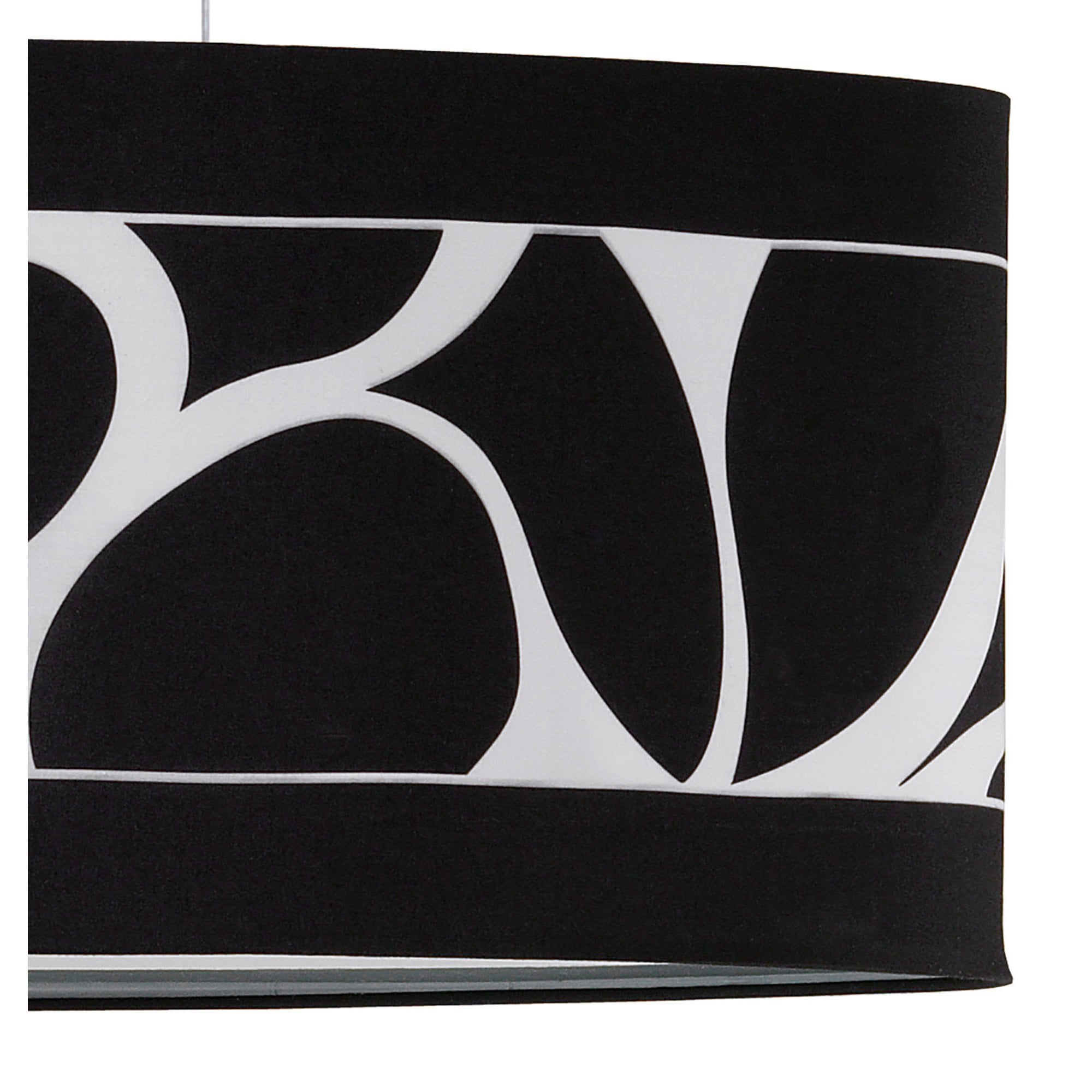 M8467/1 Manhattan Linear Pendant Large 3 Light Polished Chrome Frosted Glass Black Patterned Shade
