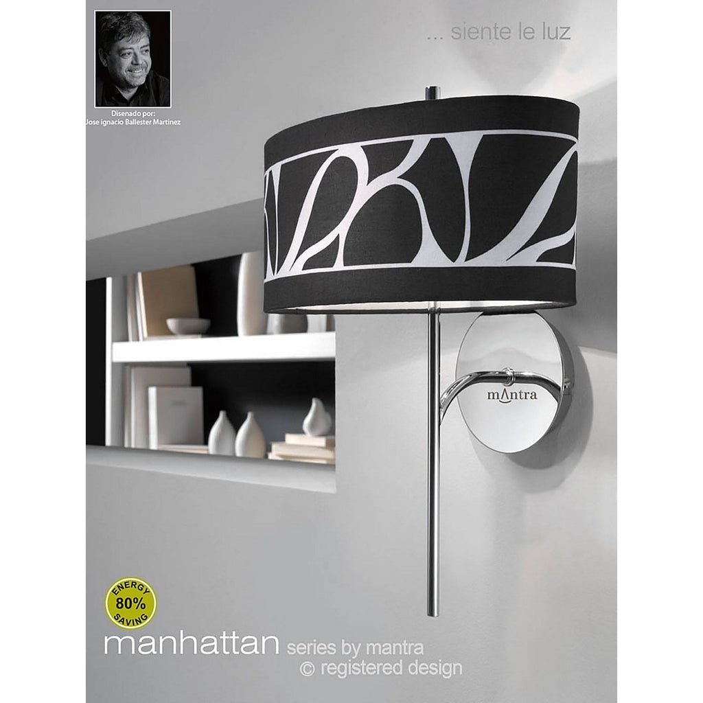 M8466/1 Manhattan Wall Lamp 1 Light E14 Swing Arm Polished Chrome/Frosted Glass Black Patterned Shade