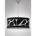 M8470/1 Manhattan Pendant Small 3 Light Polished Chrome/Frosted Glass Black Patterned Shade
