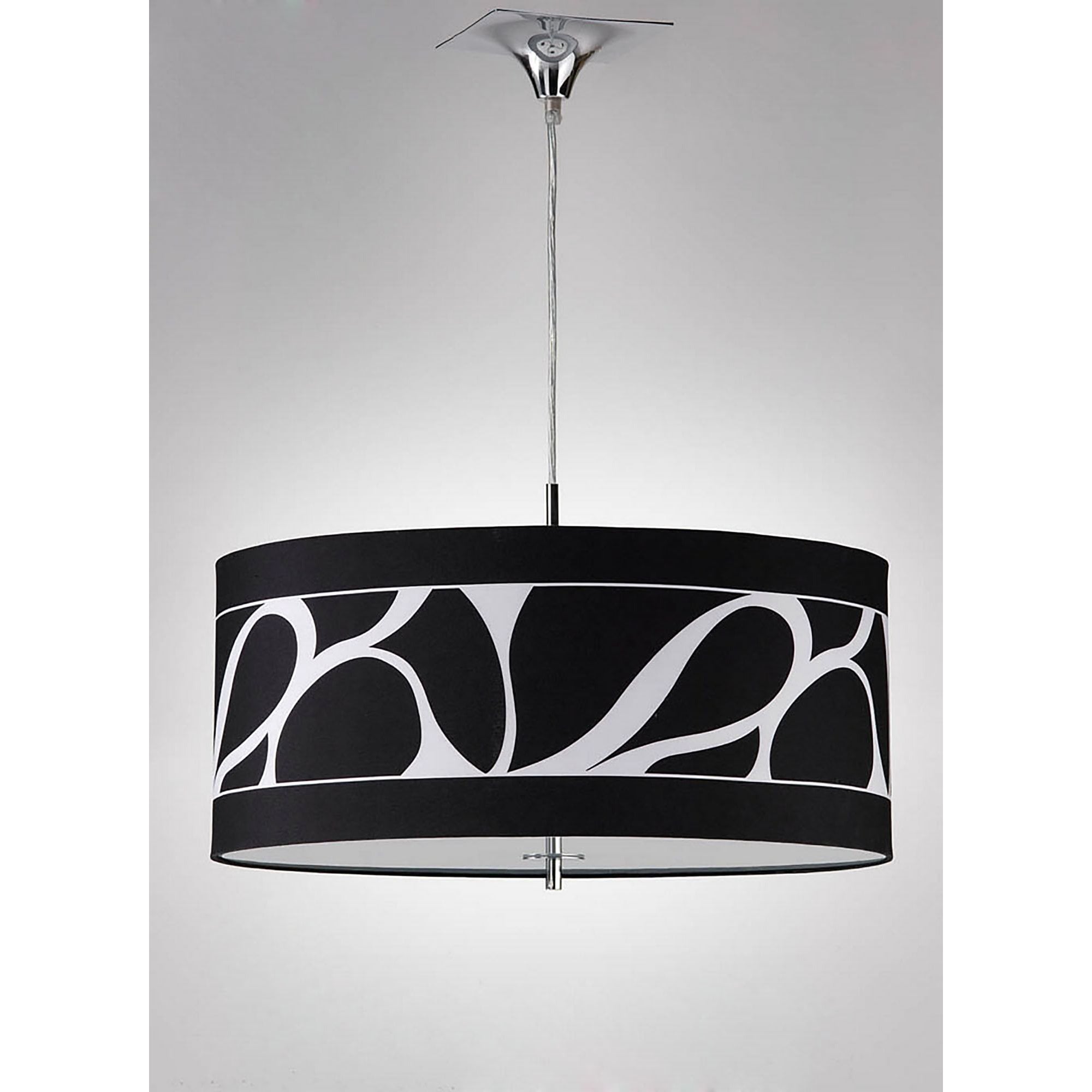 M8470/1 Manhattan Pendant Small 3 Light Polished Chrome/Frosted Glass Black Patterned Shade
