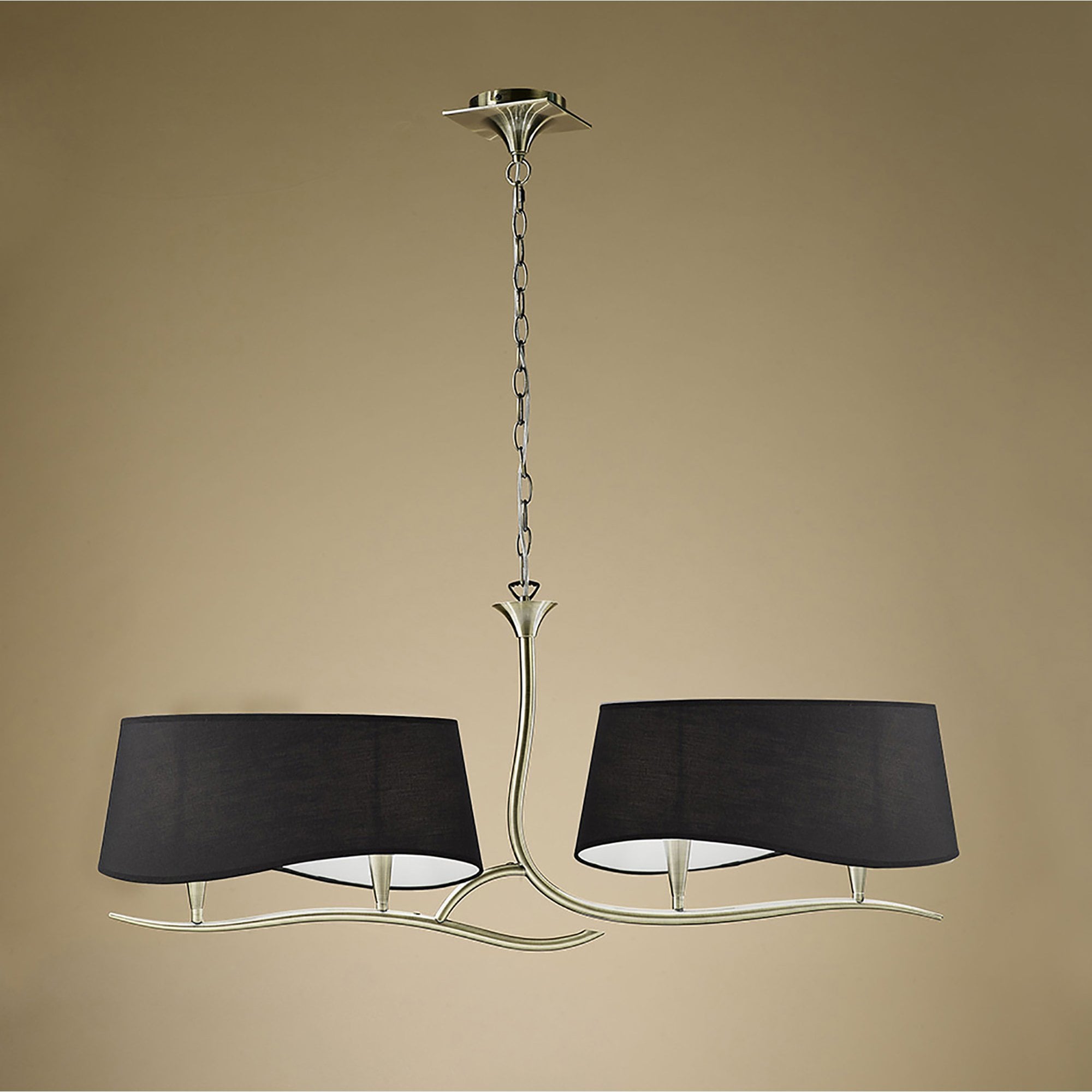 M1921/BS Ninette Linear Pendant 2 Arm 4 Light E14 Black Shades Antique Brass