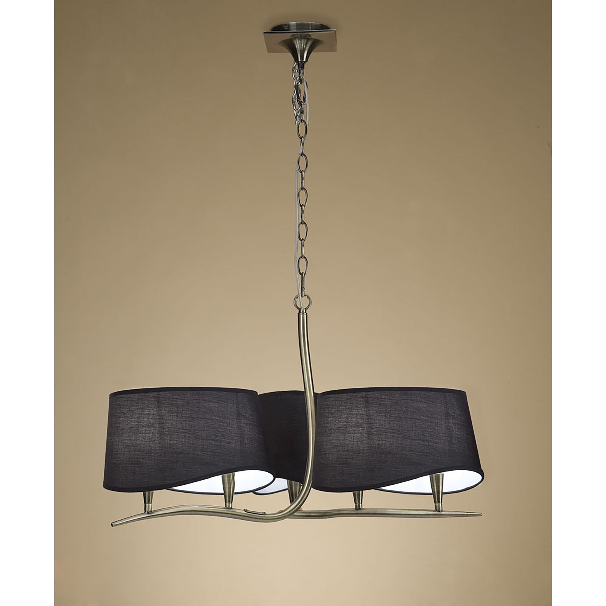 M1920/BS Ninette Pendant 3 Arm 6 Light E14 Black Shades Antique Brass