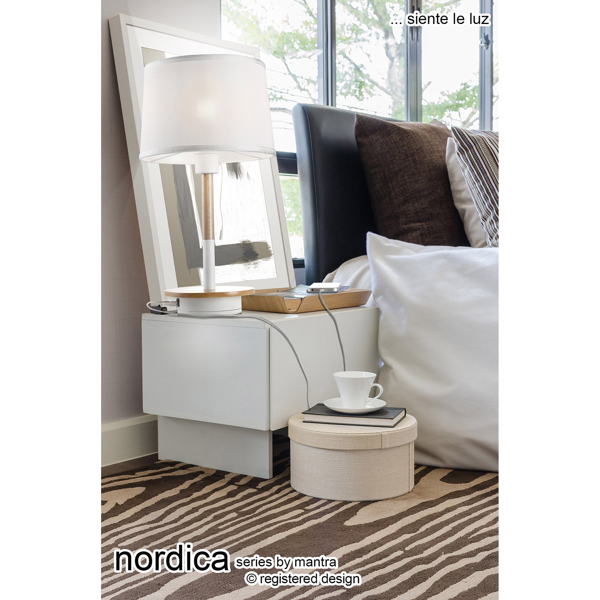 M5465 Nordica II Floor Lamp USB Socket 1 Light White/Beech White Shade