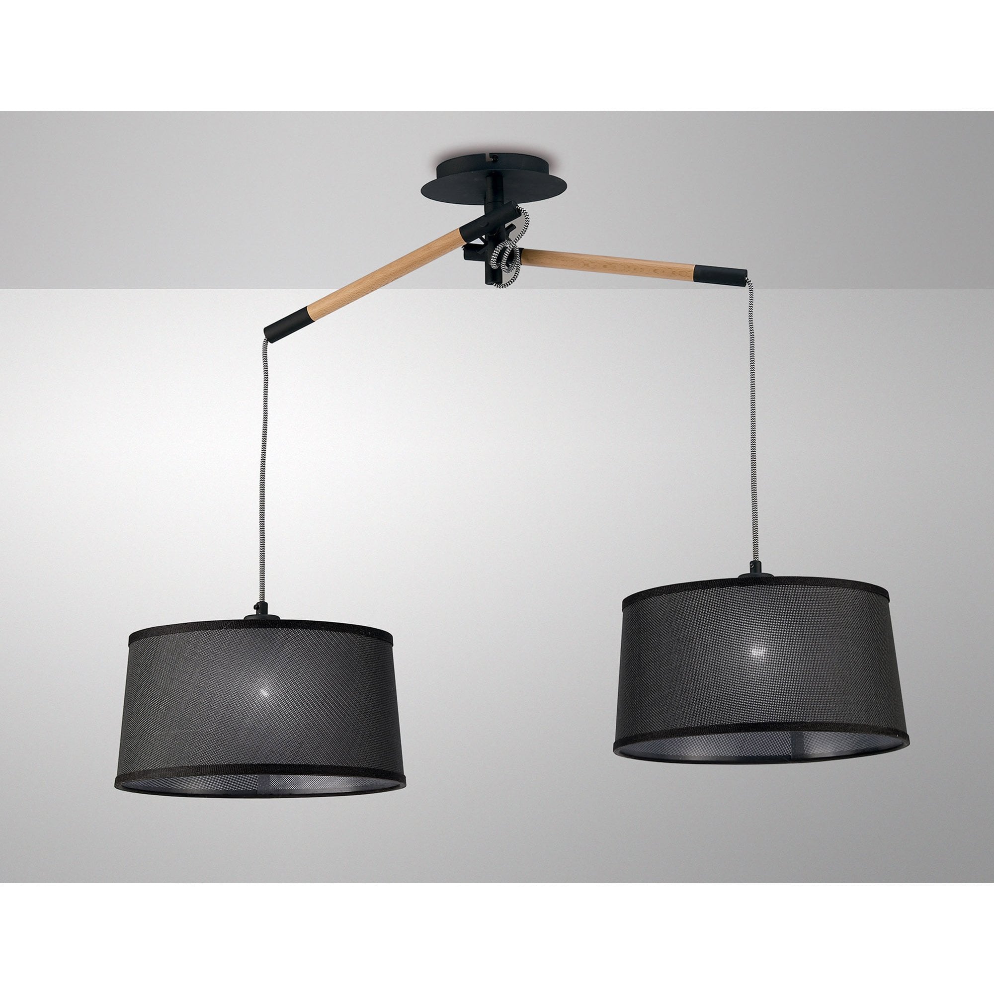 M4931 Nordica Linear Pendant Black Shade 2 Light E27 Matt Black/Beech Black Shades