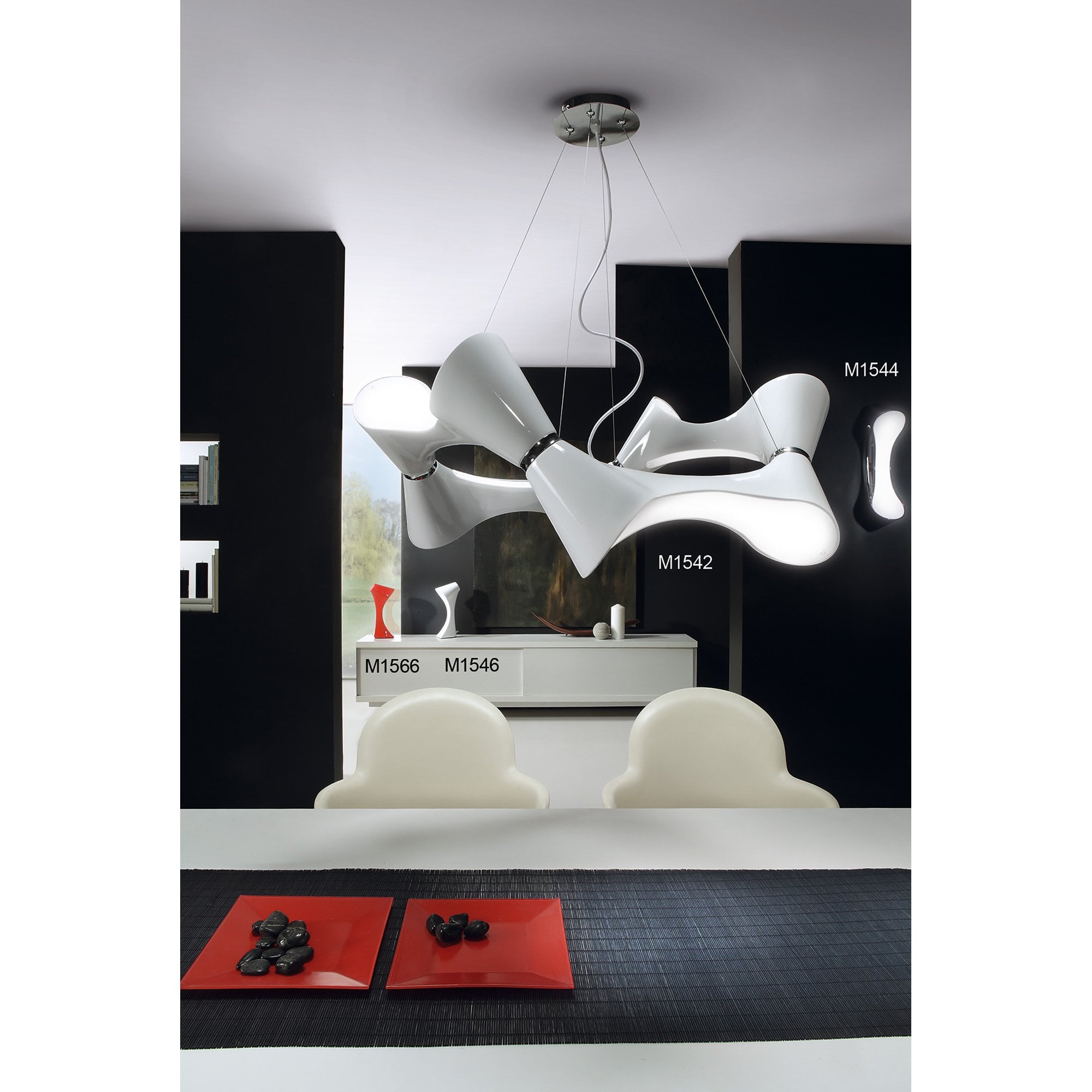 M1542 Ora Pendant 8 Twisted Round Light E27 Gloss White / White Acrylic / Polished Chrome