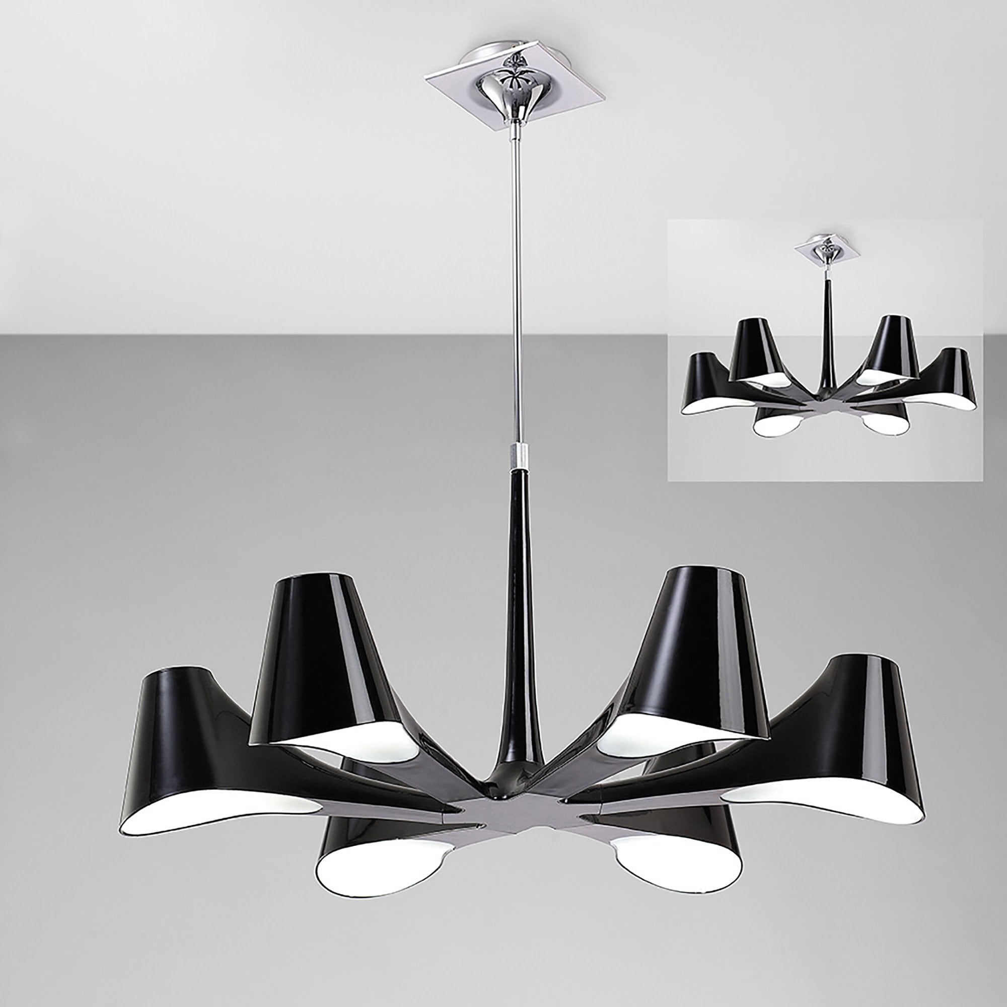M1590 Ora Telescopic Convertible To Semi Flush 6 Light E27 Gloss Black/White Acrylic/Polished Chrome