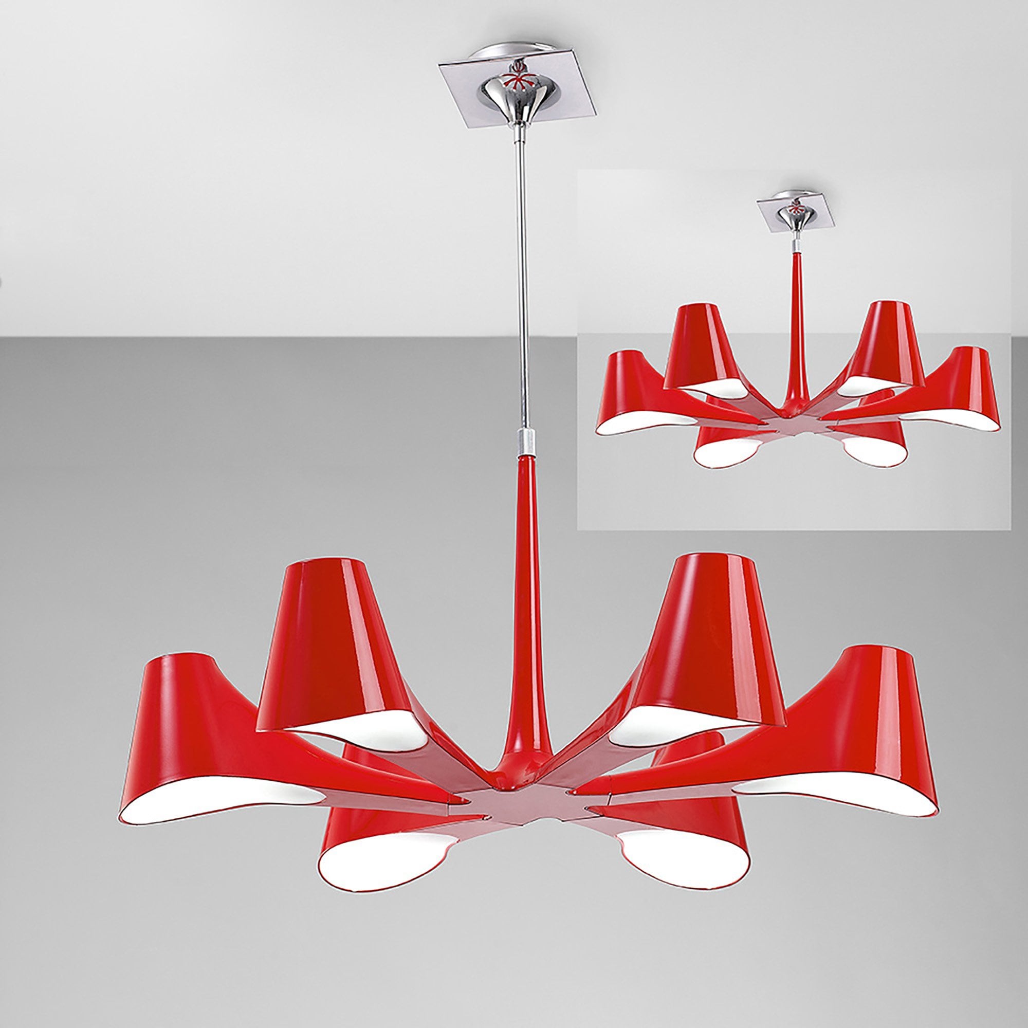 M1600 Ora Telescopic Convertible To Semi Flush 6 Light E27 Gloss Red/White Acrylic/Polished Chrome