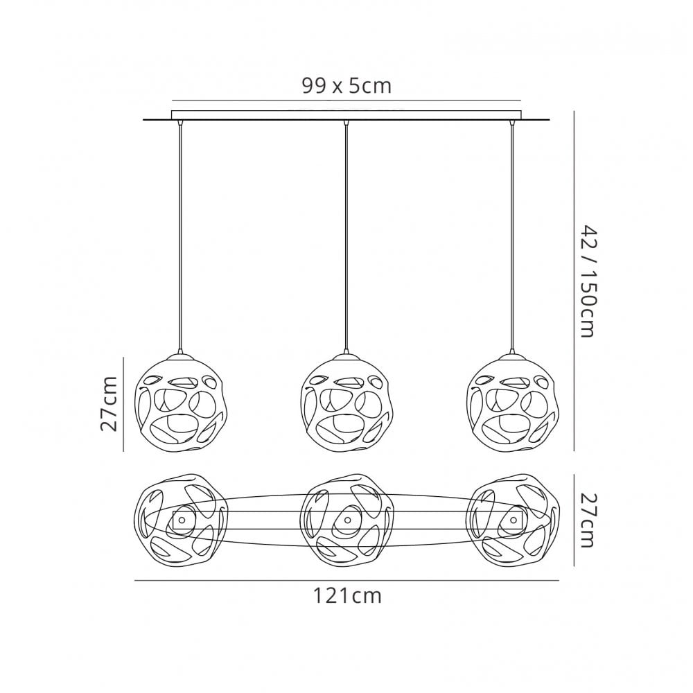 M5145 Organica Linear Pendant 3 Light E27 Line Gloss White/Polished Chrome
