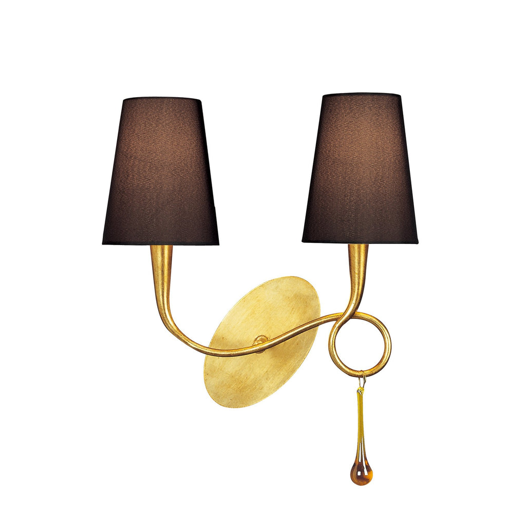 M0547/BS Paola Wall Lamp 2 Light E14 Gold Painted Black Shades & Amber Glass Droplets