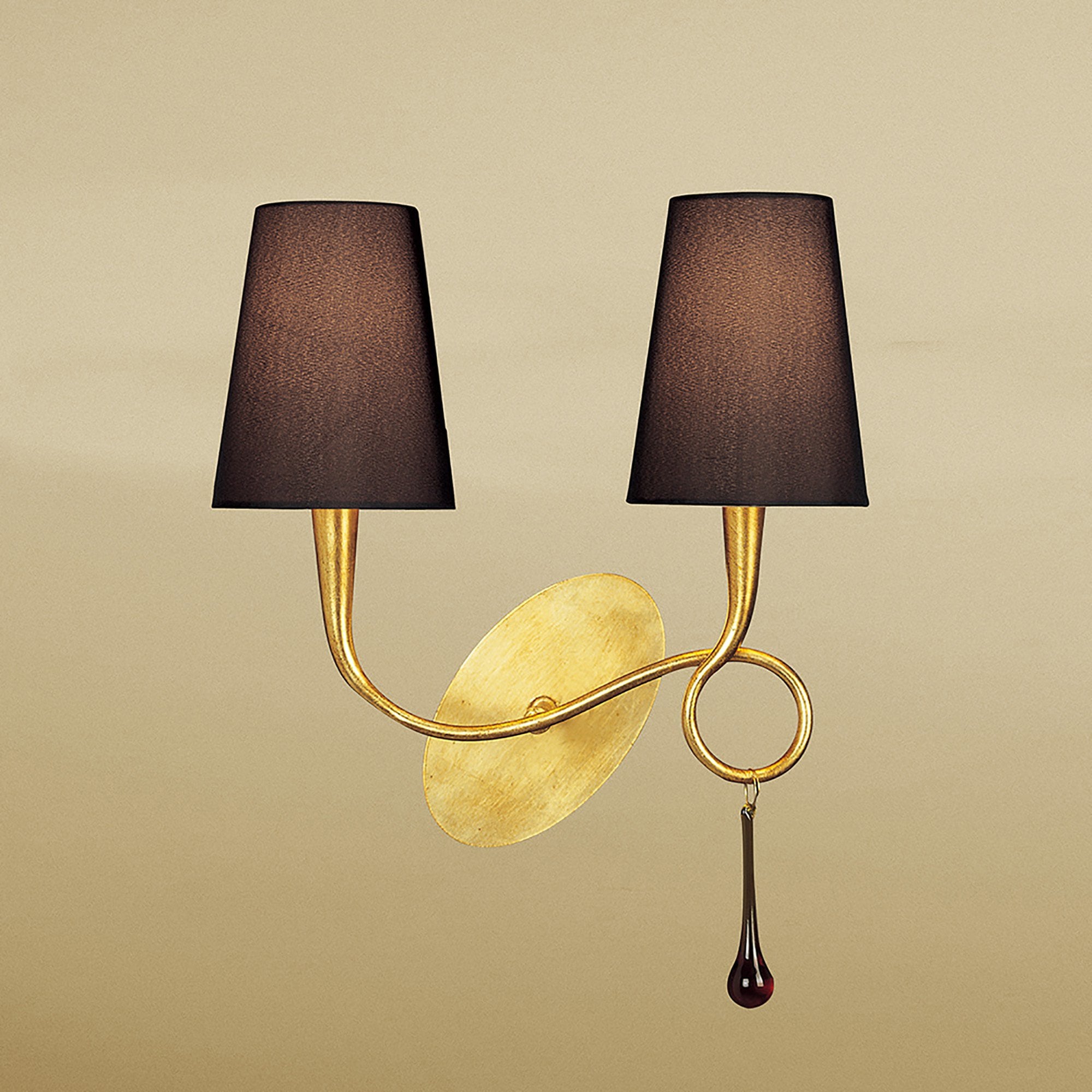 M0547/BS Paola Wall Lamp 2 Light E14 Gold Painted Black Shades & Amber Glass Droplets